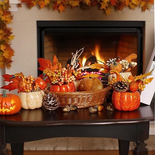 Miniatura 2 de winemana Decoraciones de otoño para el hogar, juego de 6 centros de mesa artificiales de calabaza, bayas y piñas para oficina, Acción de Gracias,