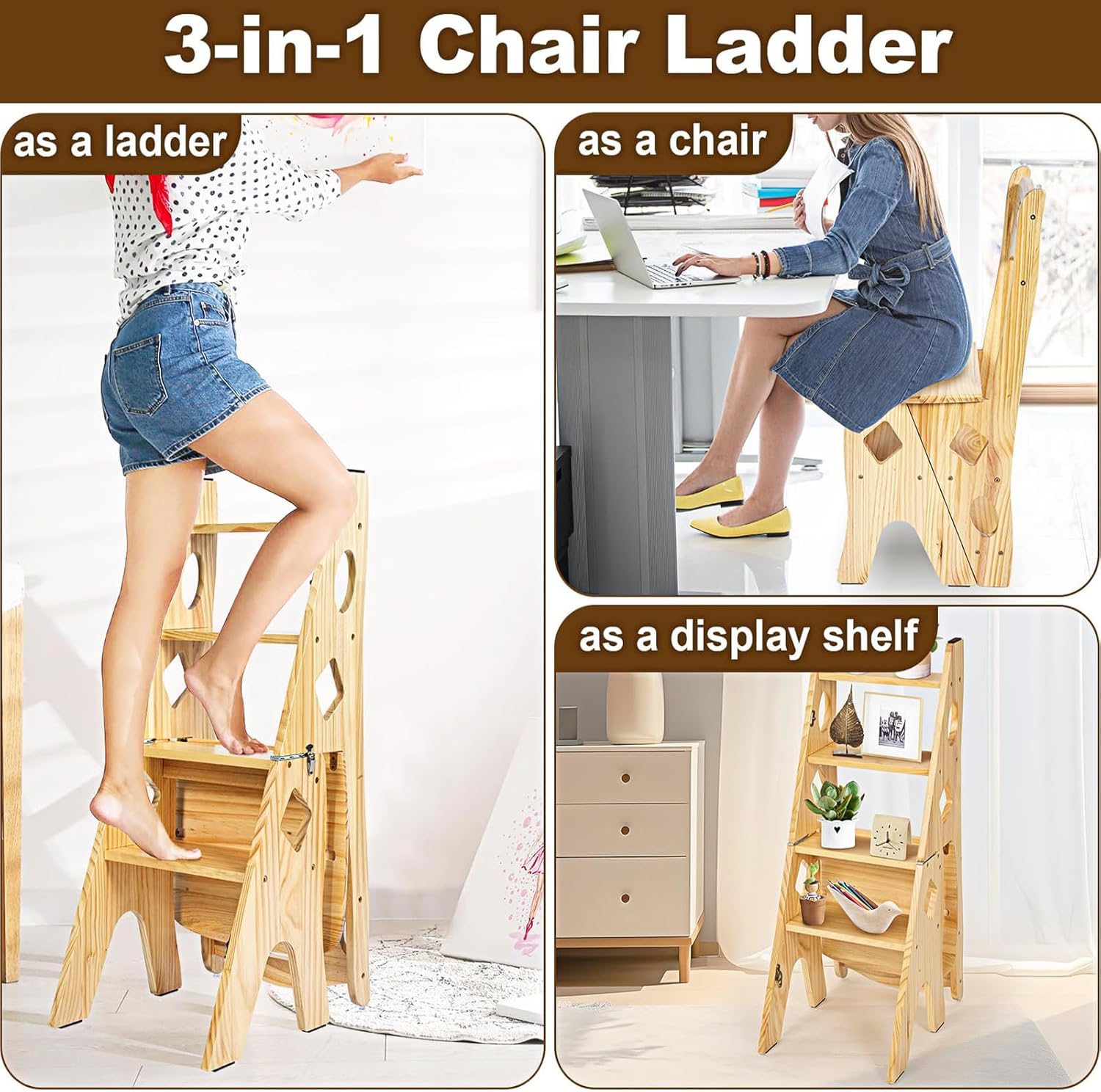 GOOFCXO 4 Step Folding Ladder Chair, 3-in-1 Wood Ladder Stool, Multi-Functional Portable Step Stool Display Stand for Home Kitchen Office Library, 265lbs Load Capacity, 34.3" H x 13.4" L x 15.2" W - Image 4