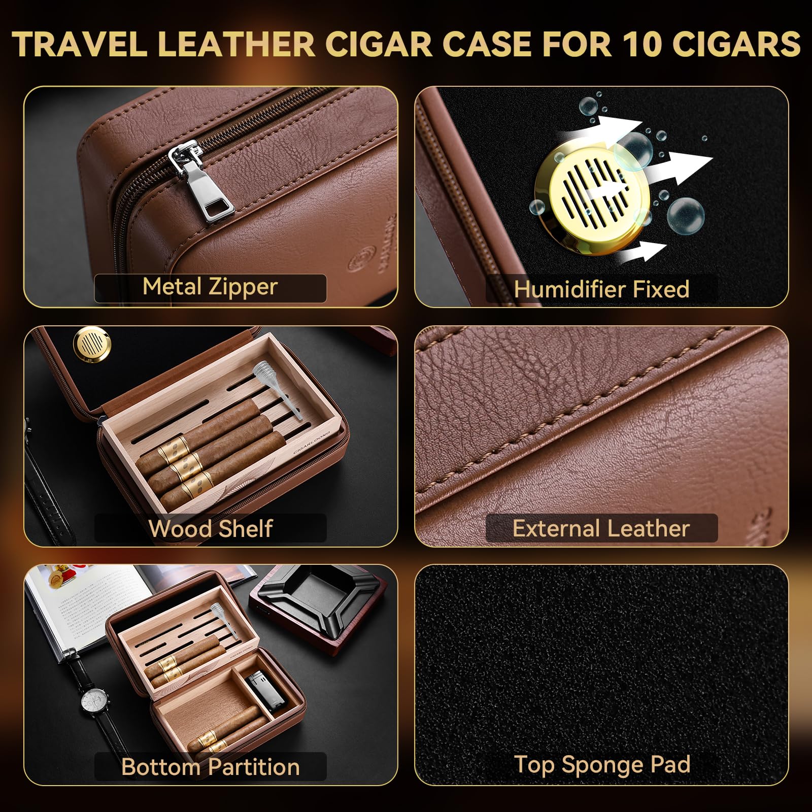 Zigarren-Humidor, Zigarrenetui aus Leder mit Zedernholzregal, tragbarer Reise-Zigarren-Humidorkoffer mit Luftbefeuchter, kann 10 Zigarren aufnehmen (Schwarz)