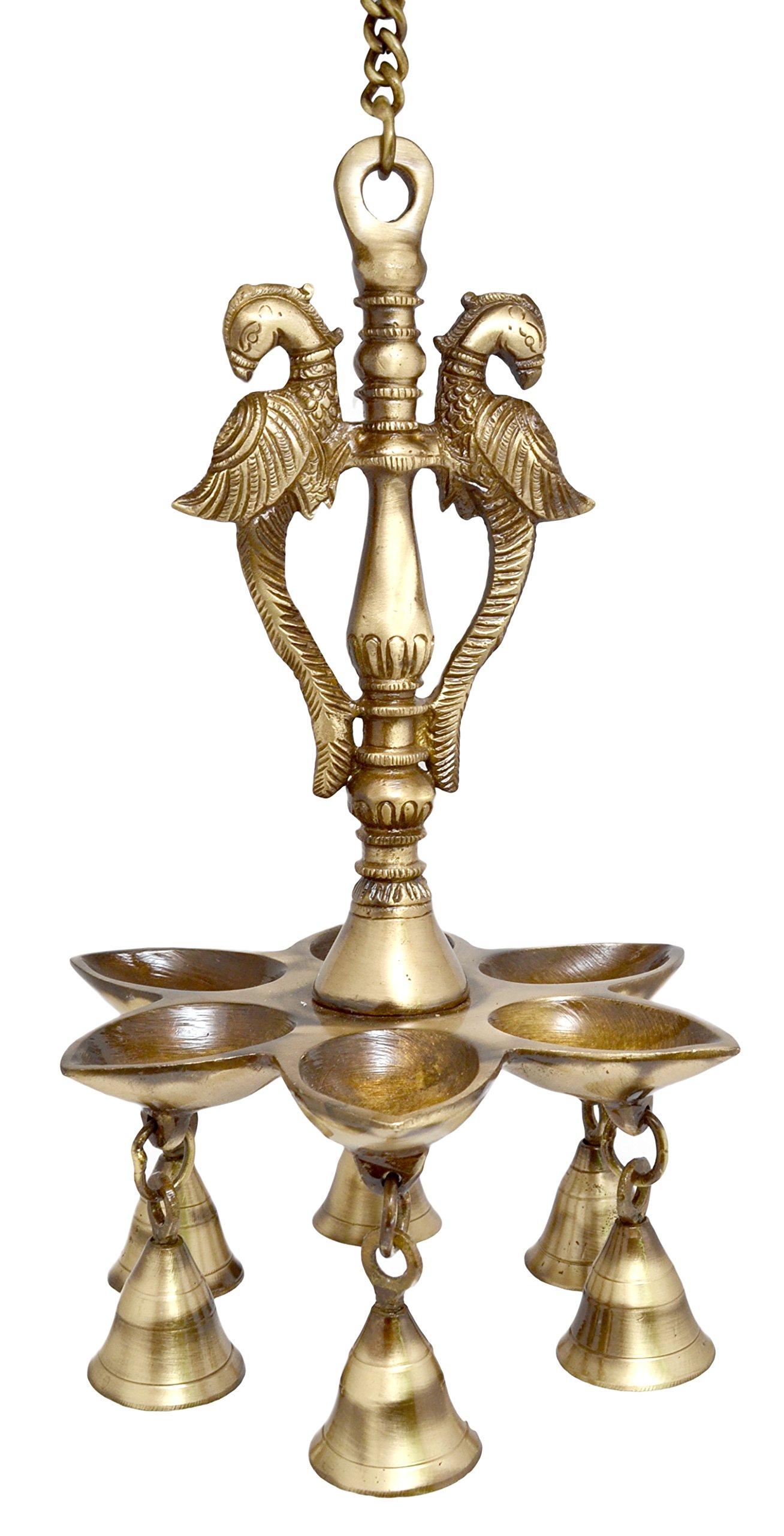 Two Moustaches 9.5 Inches Twin Peacock Design Brass Hanging Diya , Hanging Diyas for Decoration , Diyas for Home Decor , Chain Length : 18 inches , Weight - 1.7 Kg , Standard , Pack of 1