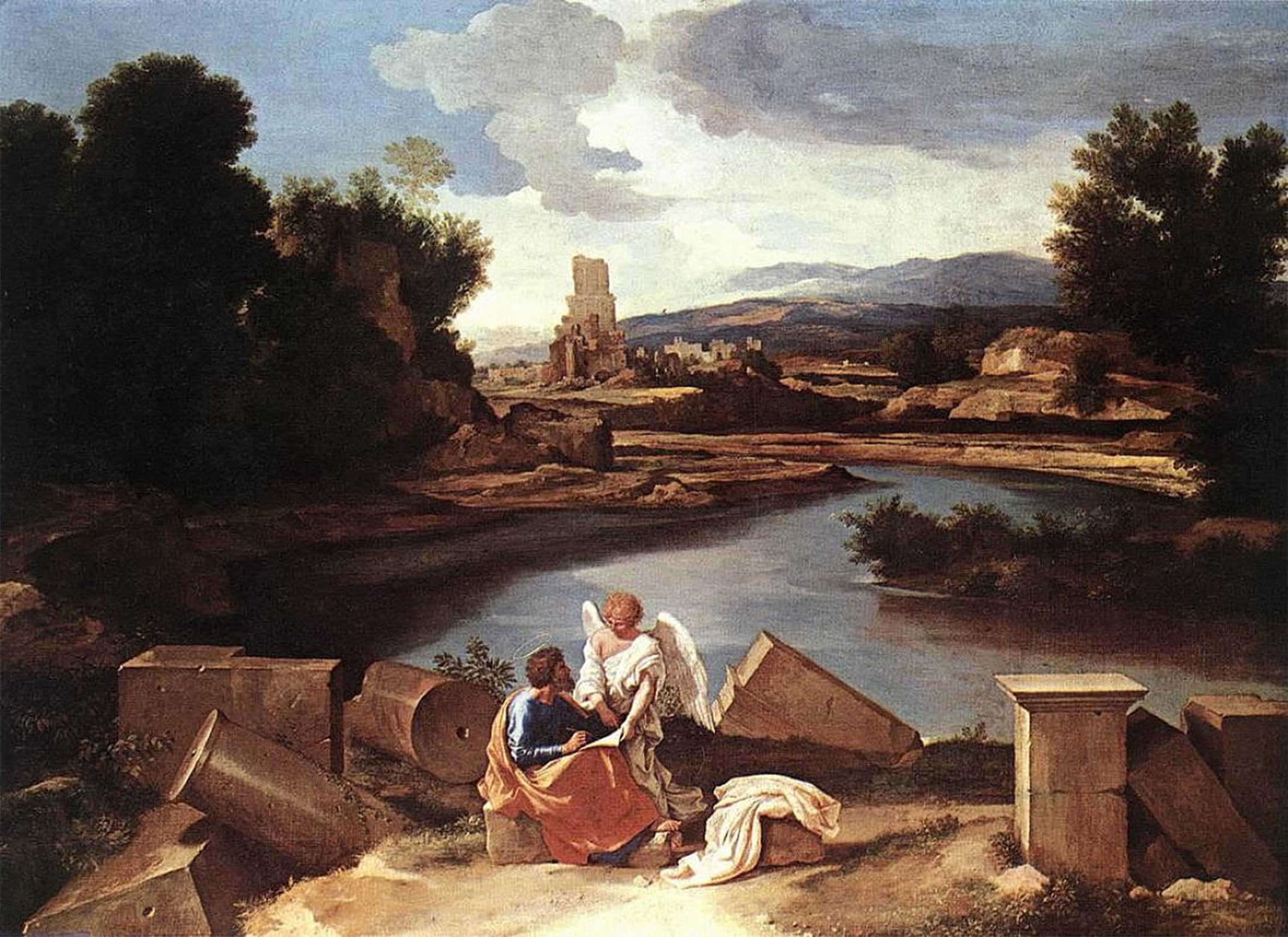 POSTERIIk Vintage Art Print Images Pictures Print Landscape with St and the Angel by Nicolas Poussin Modern Colour Posters for Office Home Decor 60x90cm