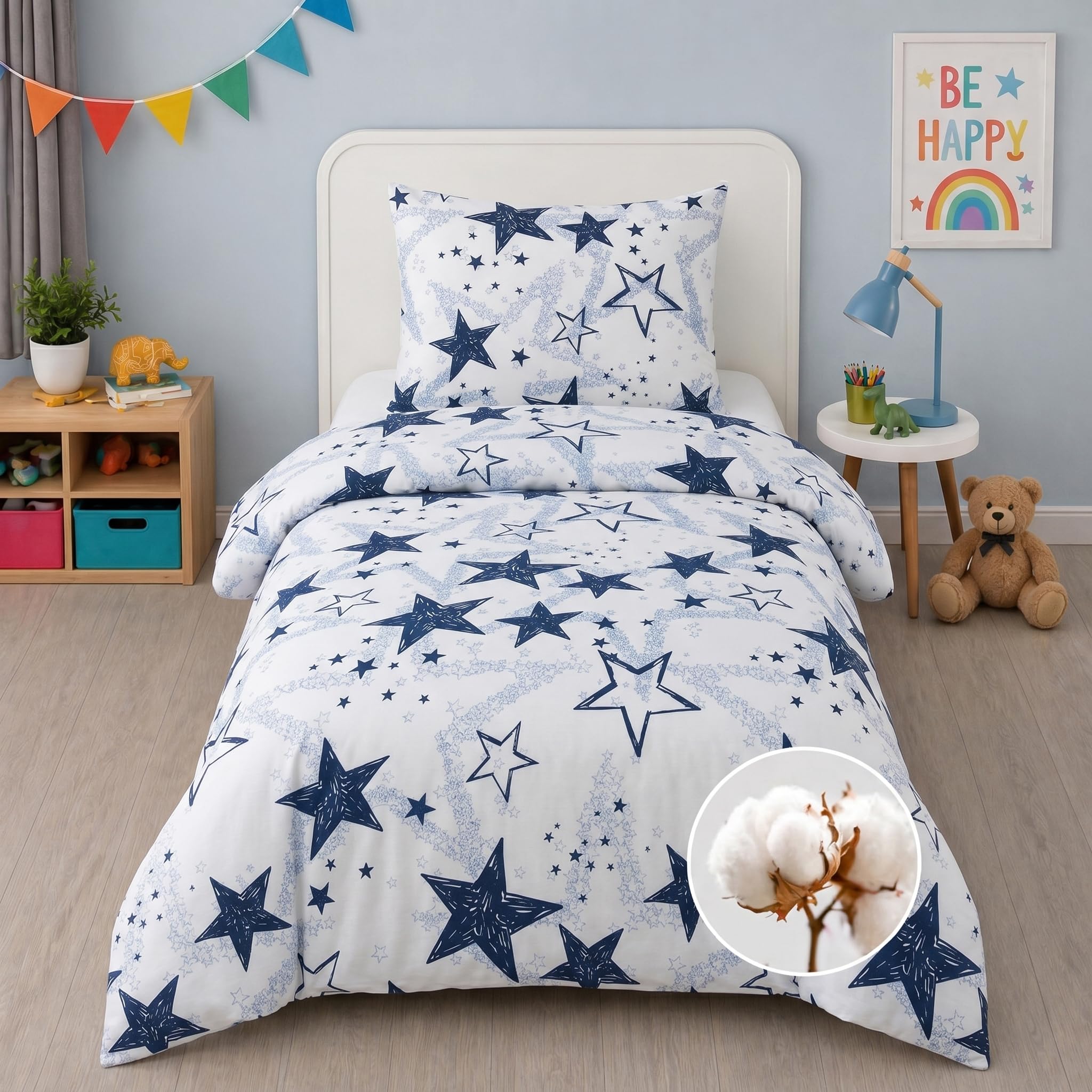 Buymax Kinderbettwäsche 135x200 cm – Sterne Dunkelblau, 100% Baumwolle Renforcé, 1x Bettbezug 135x200 cm & 1x Kissenbezug 80x80 cm, Oeko-TEX Standard 100, weich & atmungsaktiv, mit Reißverschluss