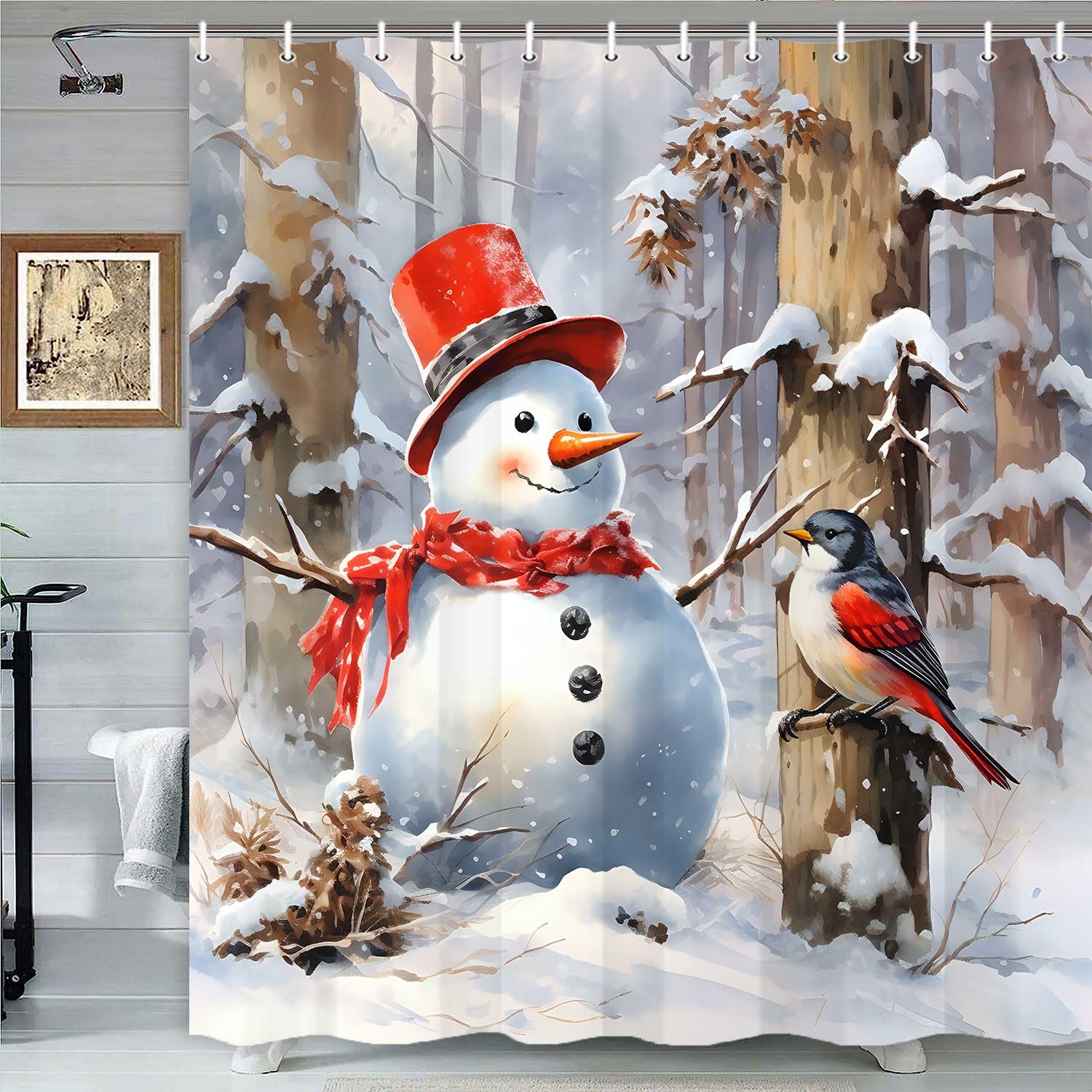 Merry Christmas Shower Curtain, Happy Snowman Red Birds Xmas Snowfield Pine Tree Forest Holiday Home Decor Bath Curtains, Winter Farmhouse Fabric