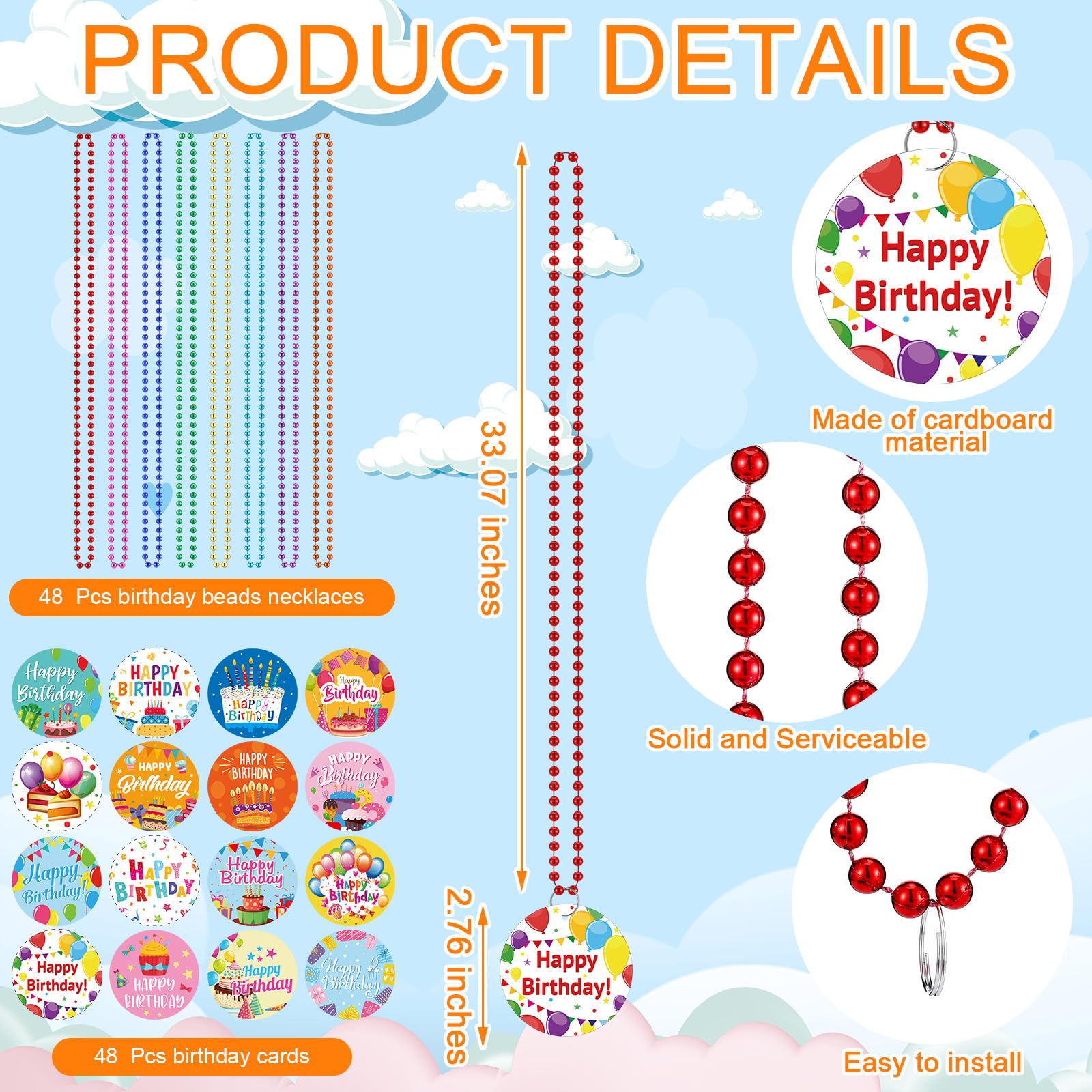 Poen 48 Pcs Happy Birthday Beaded Necklaces Bulk Metallic Neon Beads Colorful Pendant Medallion Necklaces Adult Birthday Party Favors, 16 Styles