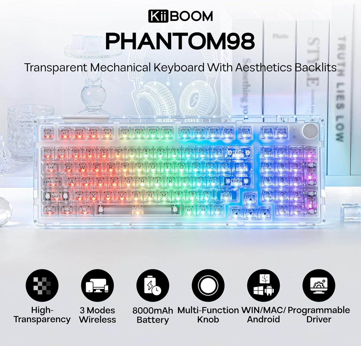 KiiBoom Phantom 98 Hot Swappable Crystal Gasket-Mounted Mechanical Keyboard, Triple Mode NKRO Gaming Keyboard with South-Facing RGB, Clear Keycaps, 8000mAh Battery for Win/Mac (Clear) - Image 2