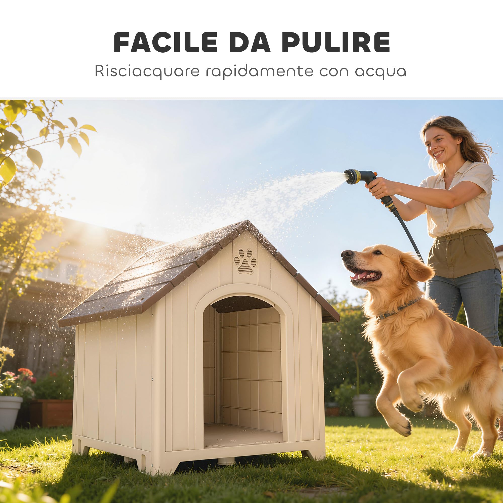 PawHut Cuccia per Cani da Esterno, Taglia Media Grande, Casetta per Cani in Plastica Impermeabile con Base Rialzata, Finestre e Tetto Spiovente per Giardino, Patio, Terrazza, Casa, 88x78x89 cm, Beige