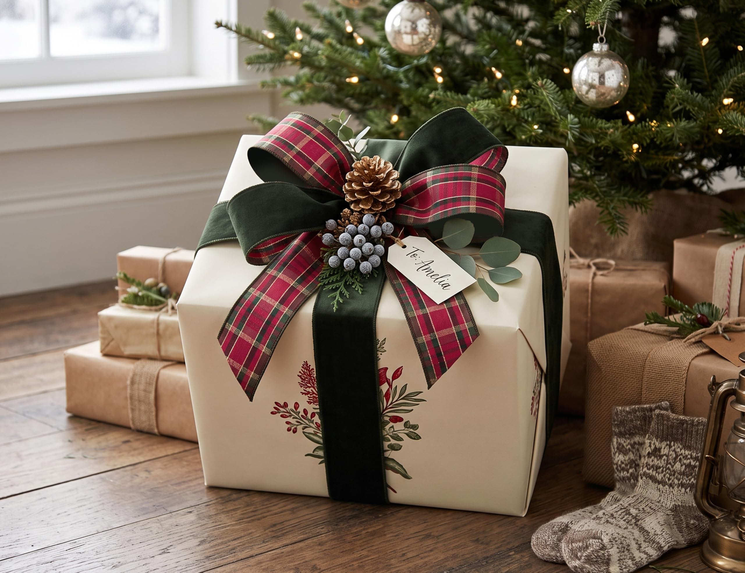 Keypan Samtband Moosgrün Weihnachts Karoband Draht Geschenkband 6,3cm