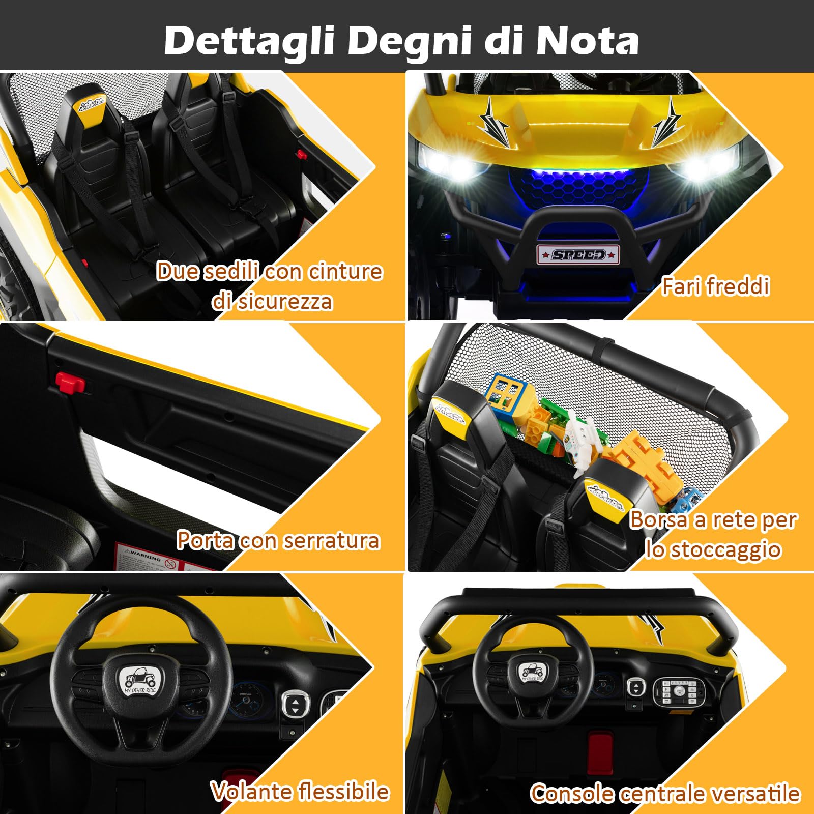 RELAX4LIFE Auto Elettrico per Bambini 12V, Macchina Elettrica 2 Posti con Luci Suoni, Ideale per Bambini 3-8 Anni, Capacità 60 kg (Giallo)