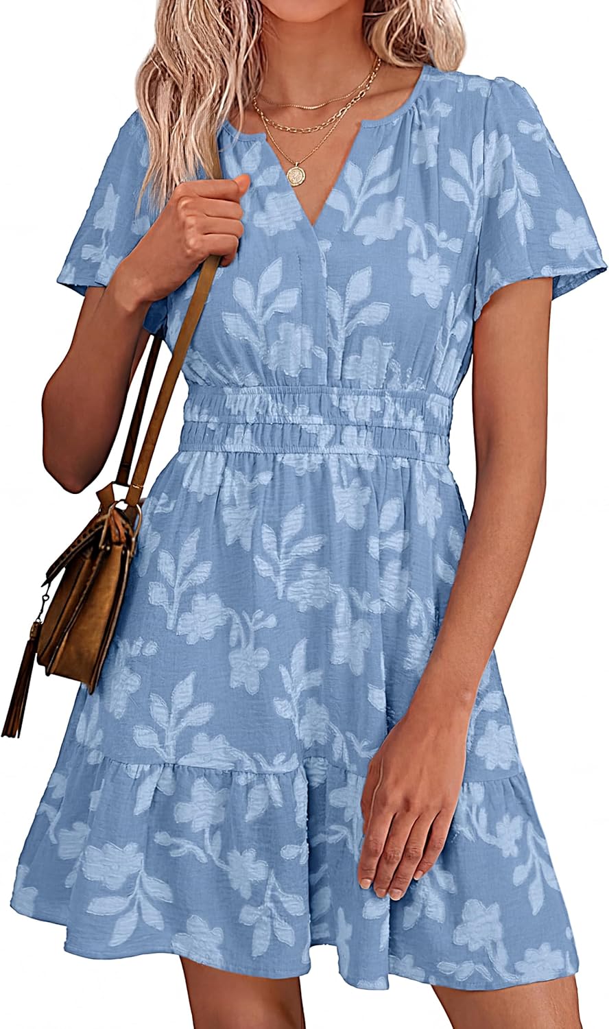 Simplee Womens Summer Floral Dress Casual Short Sleeve V Neck Empire Waist Boho Flowy A Line Mini Wedding Guest Dresses