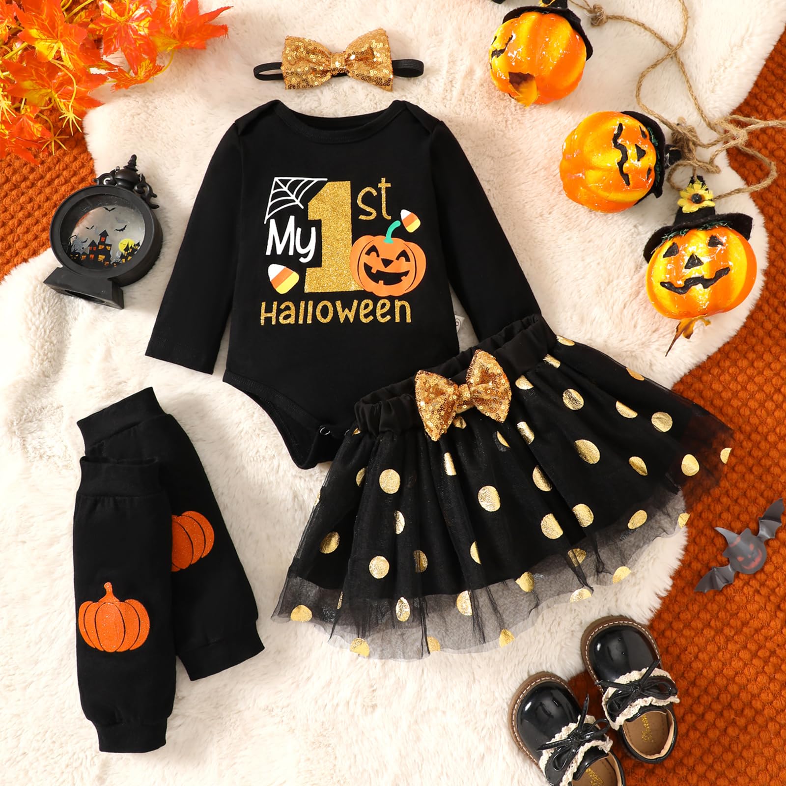 FUTERLY Vestito Halloween Neonato, Il Mio Primo Costume Halloween Neonato, Vestiti Halloween Neonata, Tutina Halloween Neonata +Gonna Tutu+Calze Lunghe+Fascia, Vestito Zucca Neonata