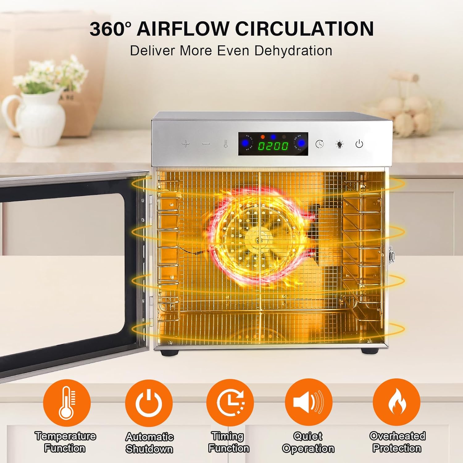 Stainless Steel 8-Tray Digital Food Dehydrator with Timer and Thermostat