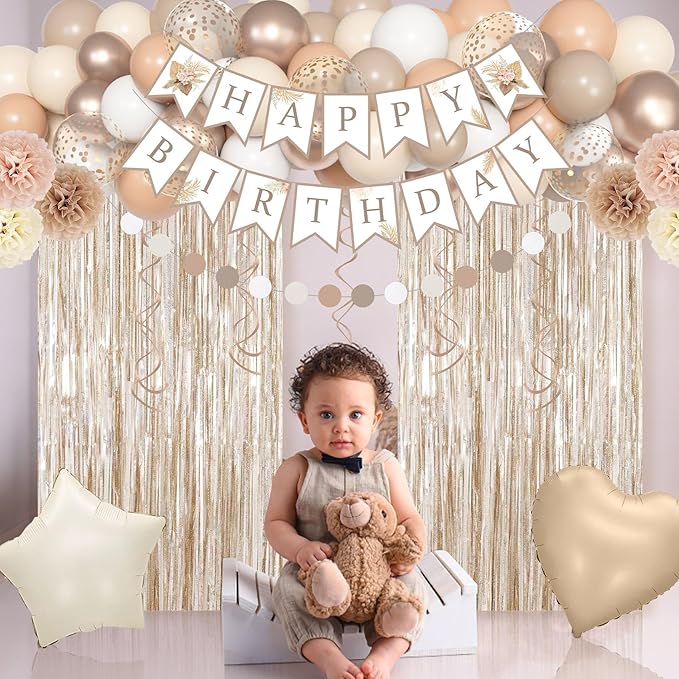 Kit Decoración Fiesta Neutral Beige Globos Cortina 96 Piezas miniatura 2