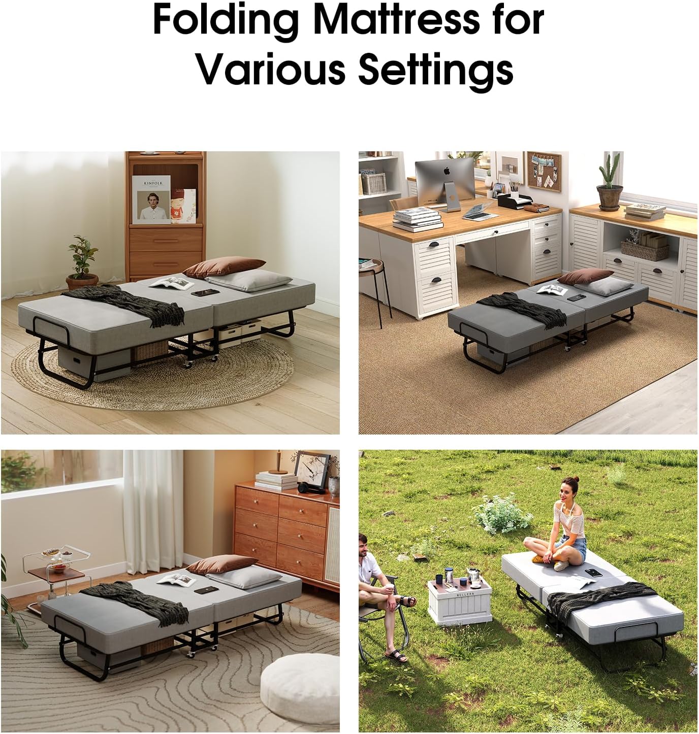 Folding Bed with Mattress, Portable Foldable Bed for Adults, Roll Away Guest on Wheels, Memory Foam Mattress and Metal Frame, Space Saving Fold Up for Easy Storage, 75 x 31