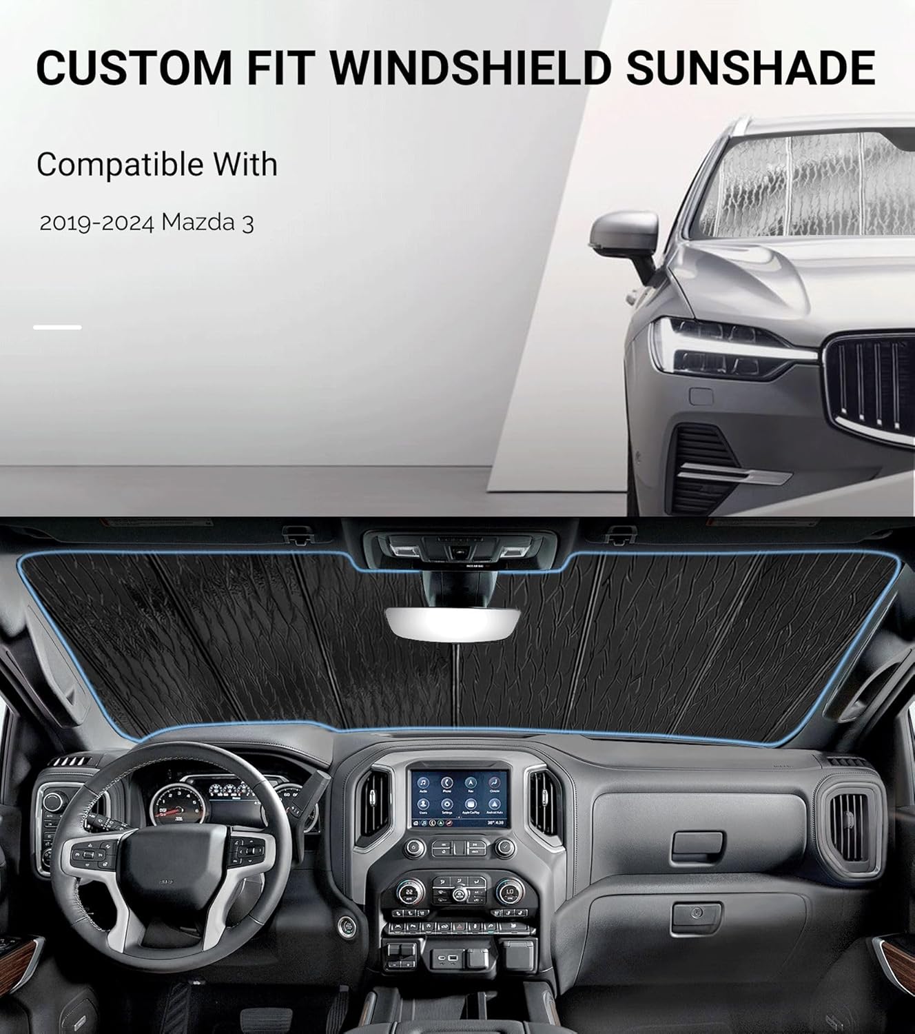 Windshield Sunshade for Mazda 3 2019-2025 (Sedan/Hatchback), Reversible Silver/Black