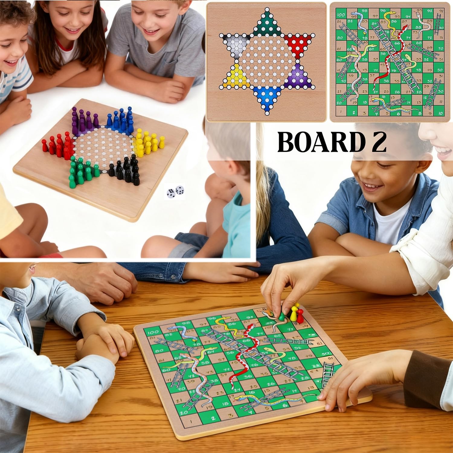 Glintoper Tavole di legno reversibili 5 in 1 per scacchi, dama, dama cinese, serpenti e scale, Tic Tac Toe, giochi da tavolo classici da viaggio portatili per bambini dai 6 anni in su