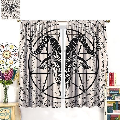 Vista 269 de Cortinas de cabeza de cabra, misteriosa cabeza de cabra malvada, calavera negra, bolsillo para barra, cortinas opacas para ventana, juego de 2