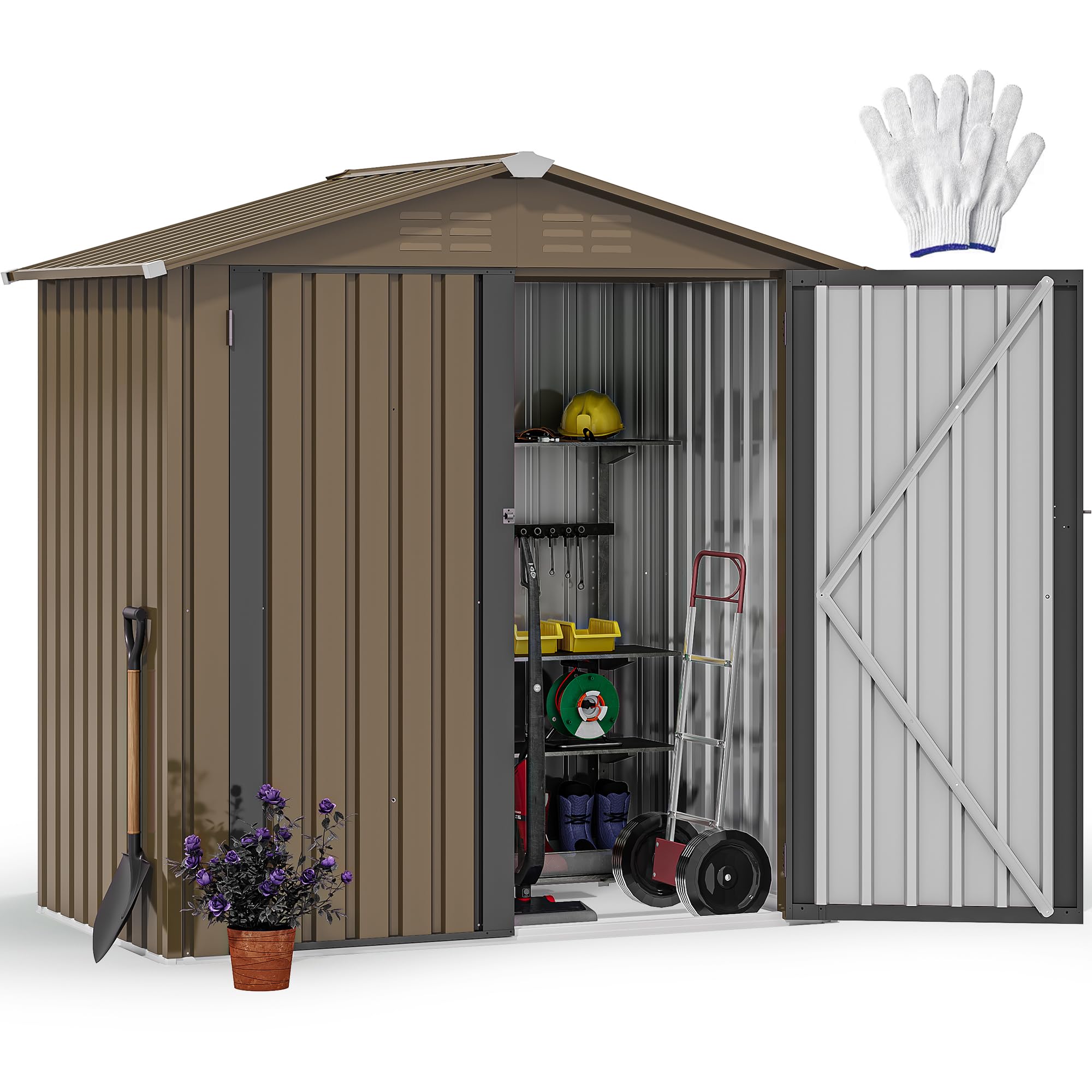 YITAHOME Gerätehaus 1,8x1,2m Wetterfestes Gerätehäuser mit Sicherheitsschloss & Belüftungssystem – Praktische Aufbewahrung für Rasenmäher, Gartengeräte in Garten, Terrasse oder Hof (Schokoladenbraun)