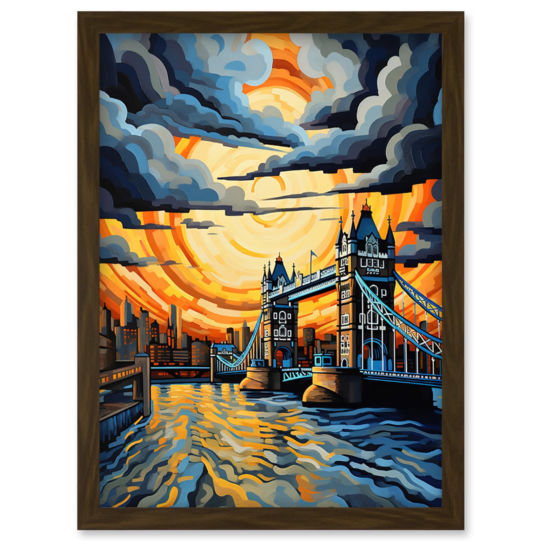 A4 Framed Wall Art Print - London Tower Bridge Dramatic Sunset - Vibrant Artwork - Blue Orange River Thames England Cloudy Sky