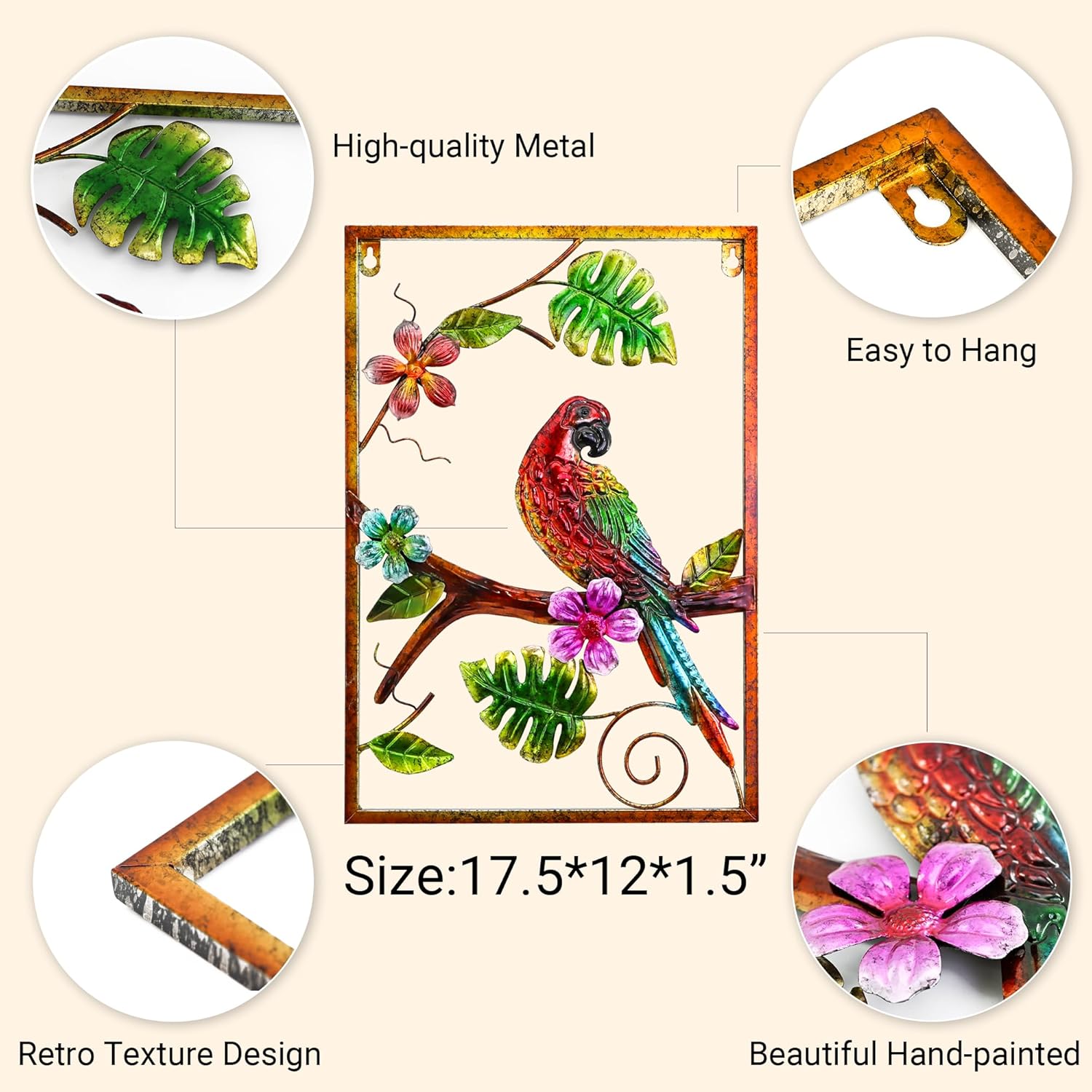 J-Fly Parrot Large Metal Wall Art Tropical Decorations Hand-painted Wall Decor for Garden Fence Bedroom Living Room Indoor Outdoor Decor 18 Inches, Valentine Decoration Gifts