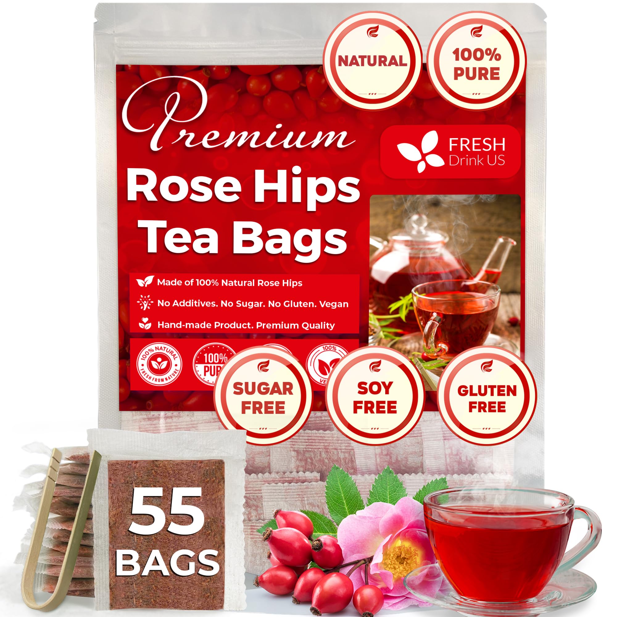 FreshDrinkUS, Premium 55 Rosehip Tea Bags, 100% Natural & Pure from Rose Hip Fruits. Loose Rosehip Herbal Tea. Made with Natural Material Tea Bags. No Sugar, No Caffeine, No Gluten, Vegan.