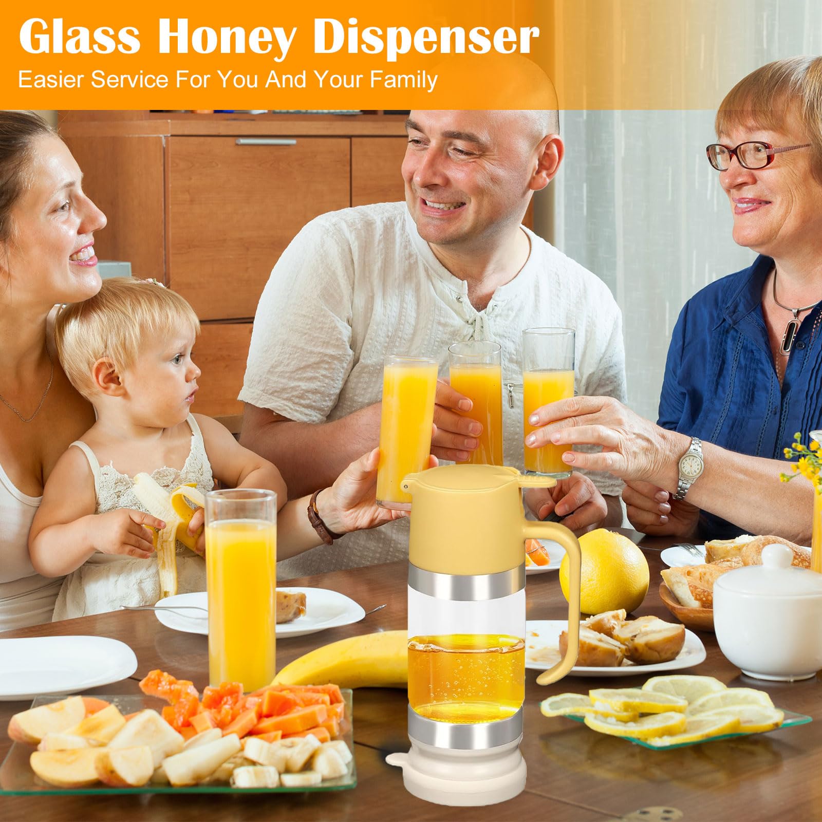 Dosatore Miele In Vetro 315Ml, 10,65Oz Dispenser Miele Antigoccia, Barattolo Per Miele In Vetro Borosilicato, Con Coperchio Superiore e Inferiore Rimovibile, Lavabile In Lavastoviglie (Giallo)