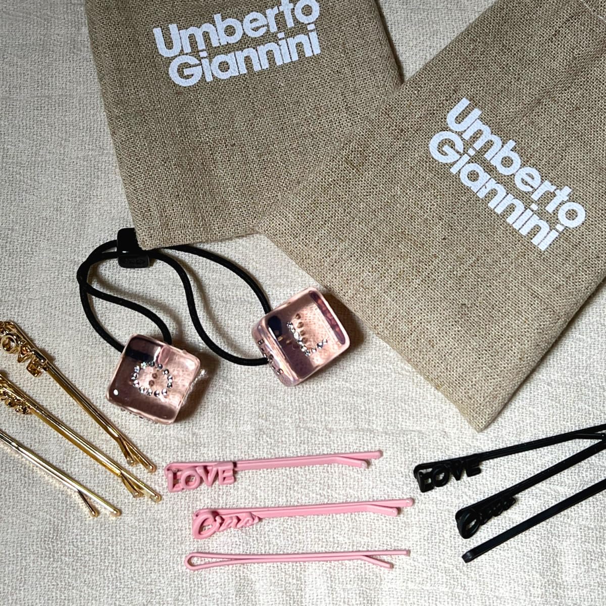 Umberto Giannini Hair Accessories Duo - Cubed Hair Bobbles (Set of 1) and Fashion Hair Slides Hair Grips (Set of 9) In Woven Pouch for Girls + Women - Image 3