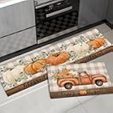 APROPHIC Fall Kitchen Mat Rugs Sets of 2,Orange Happy Fall Y'all Truck Pumpkin Tractor Checkered Rugs for Decorations Hallways,Sink,Laundry Room,Floor Non Slip Carpet Washable 16x24 + 16x41 in
