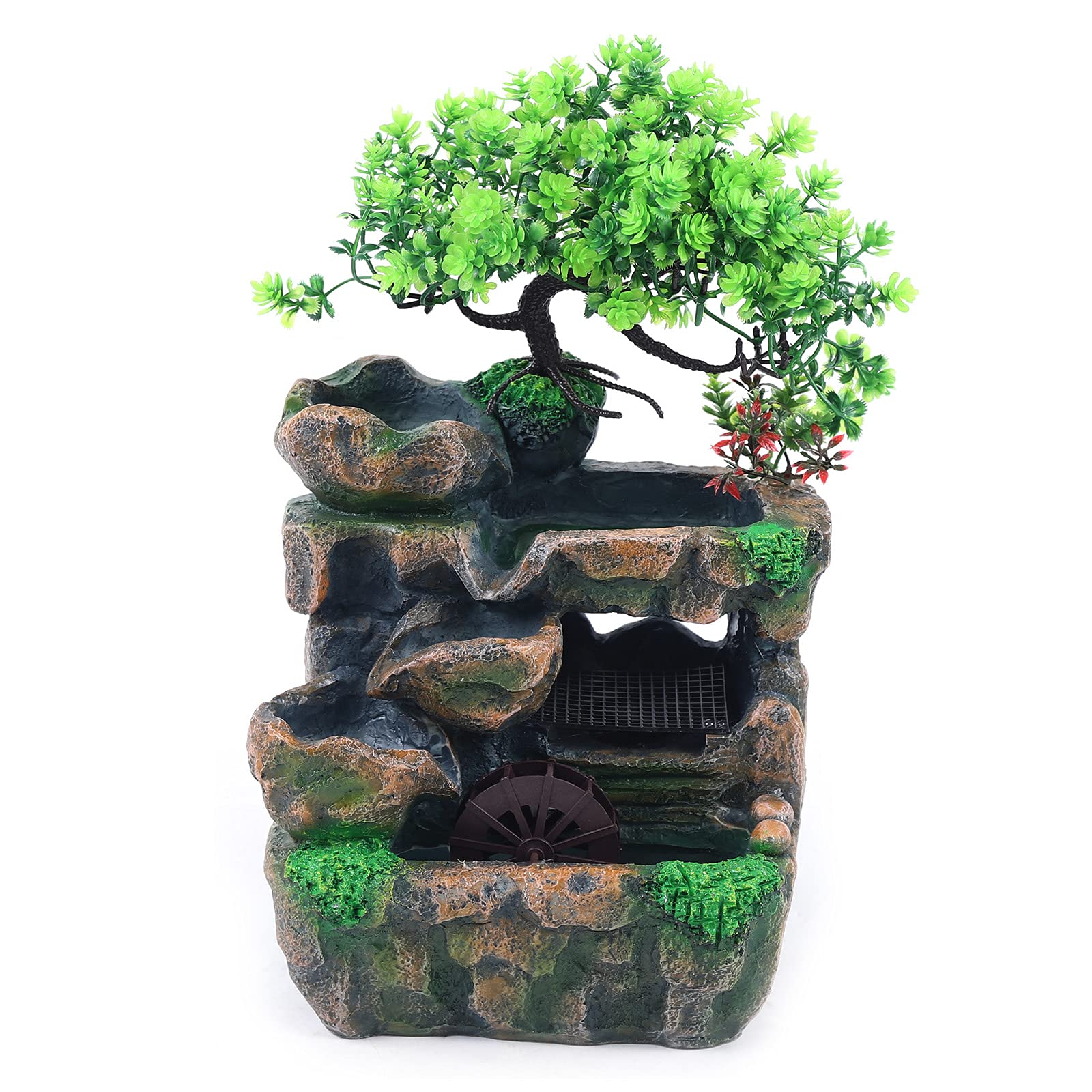 Fuente de interior HarBin-Star con iluminación LED, fuente de mesa en cascada, fuente con planta verde, fuente de jardín de resina, fuente de escritorio de 18 x 15 x 30 cm