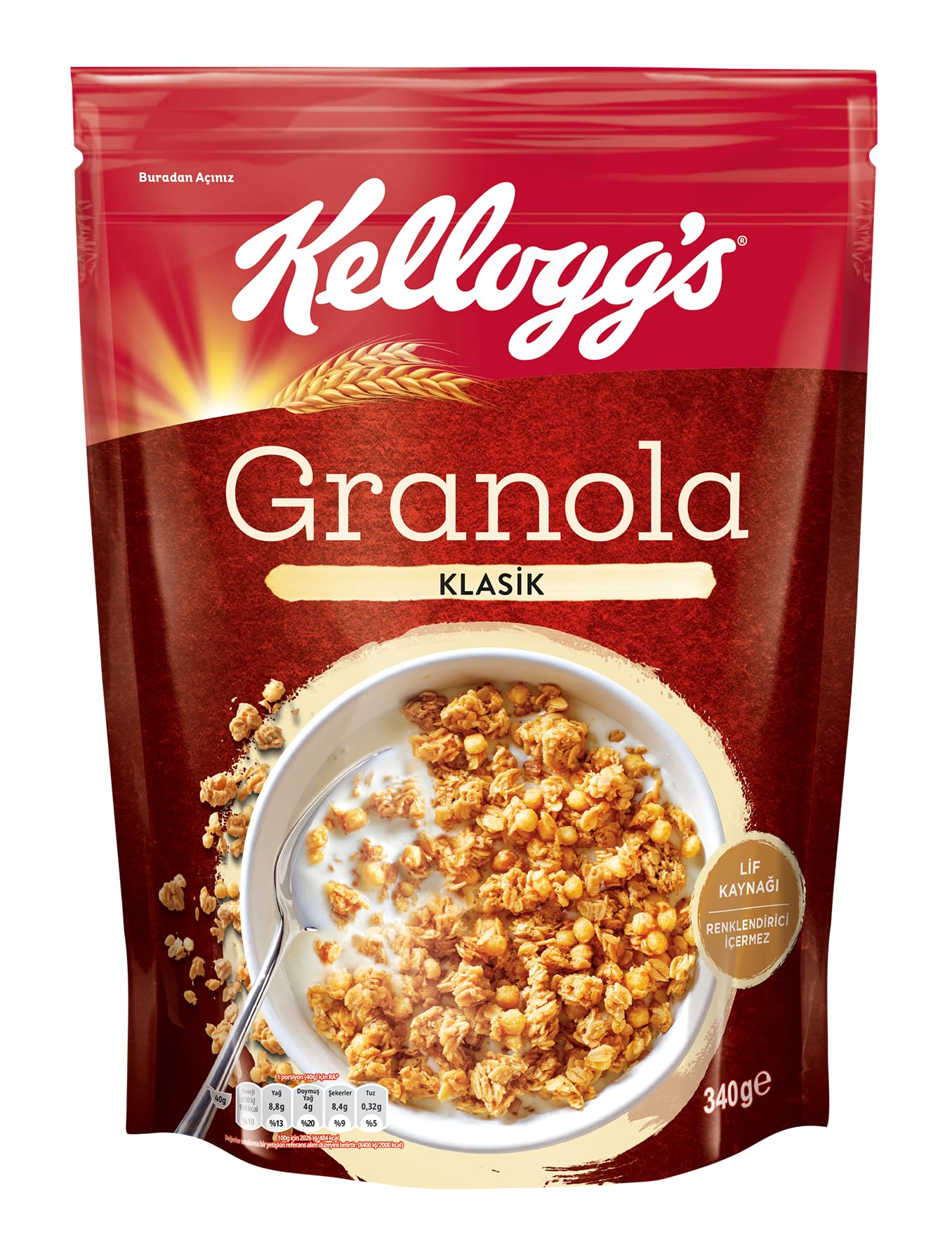 Kellogg's Granola Klasik 340 gr,%56 Yulaf içerir,Lif Kaynağı,Antioksidan içerir,Tahıl Gevreği,Kahvaltılık Müsli,Atıştırmalık