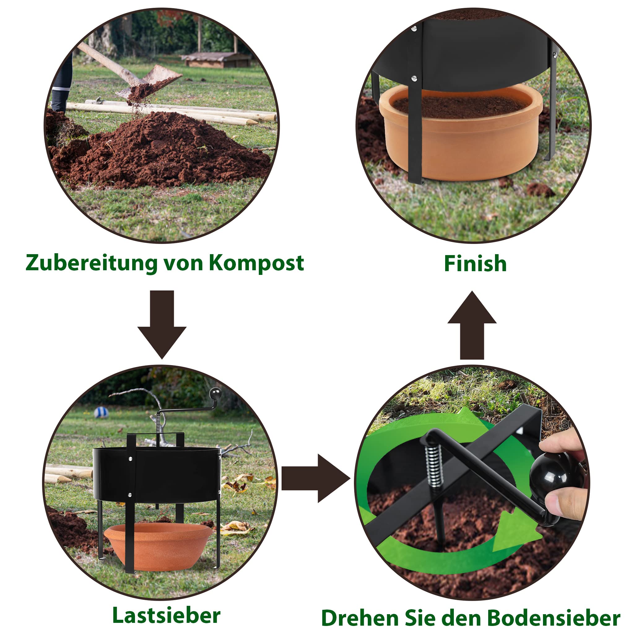 XMTECH Gartensieb Manuell Drehbarer Bodensieb Kompostsieb Sandsieb Kompost Schmutz-Kompost-Sieb Garten Sieb Erdsieb Handkurbelsieb Siebmaschine mit Netz-Siebpfanne und Griff, Schwarz