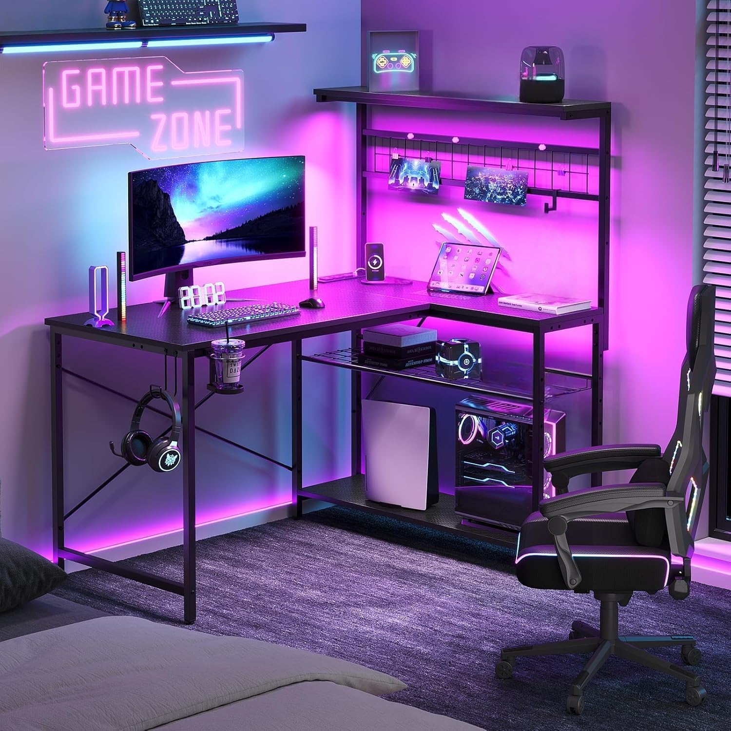 Bestier 42 L Gaming Desk,Computer Desk with Power Outlets, LED Lights, Reversible Corner Desk with 4-Tier Shelves,Cup Holder & Hook Carbon Fiber Black
