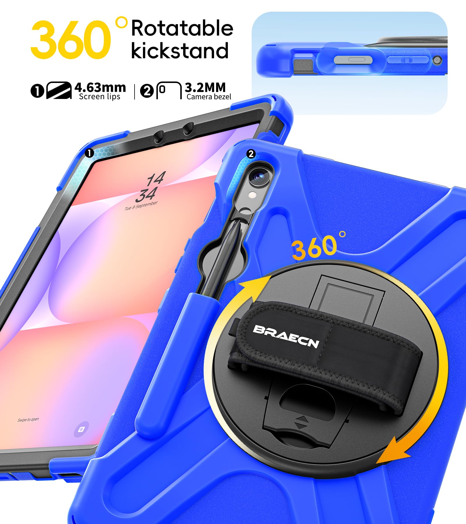 BRAECN Custodia per Galaxy Tab S9/S8/S7 11 pollici 2023, custodia protettiva in silicone antiurto resistente con staffa rotante a 360 cavalletto, tracolla, porta penna S per Galaxy Tab S9 FE 10,9''-BU