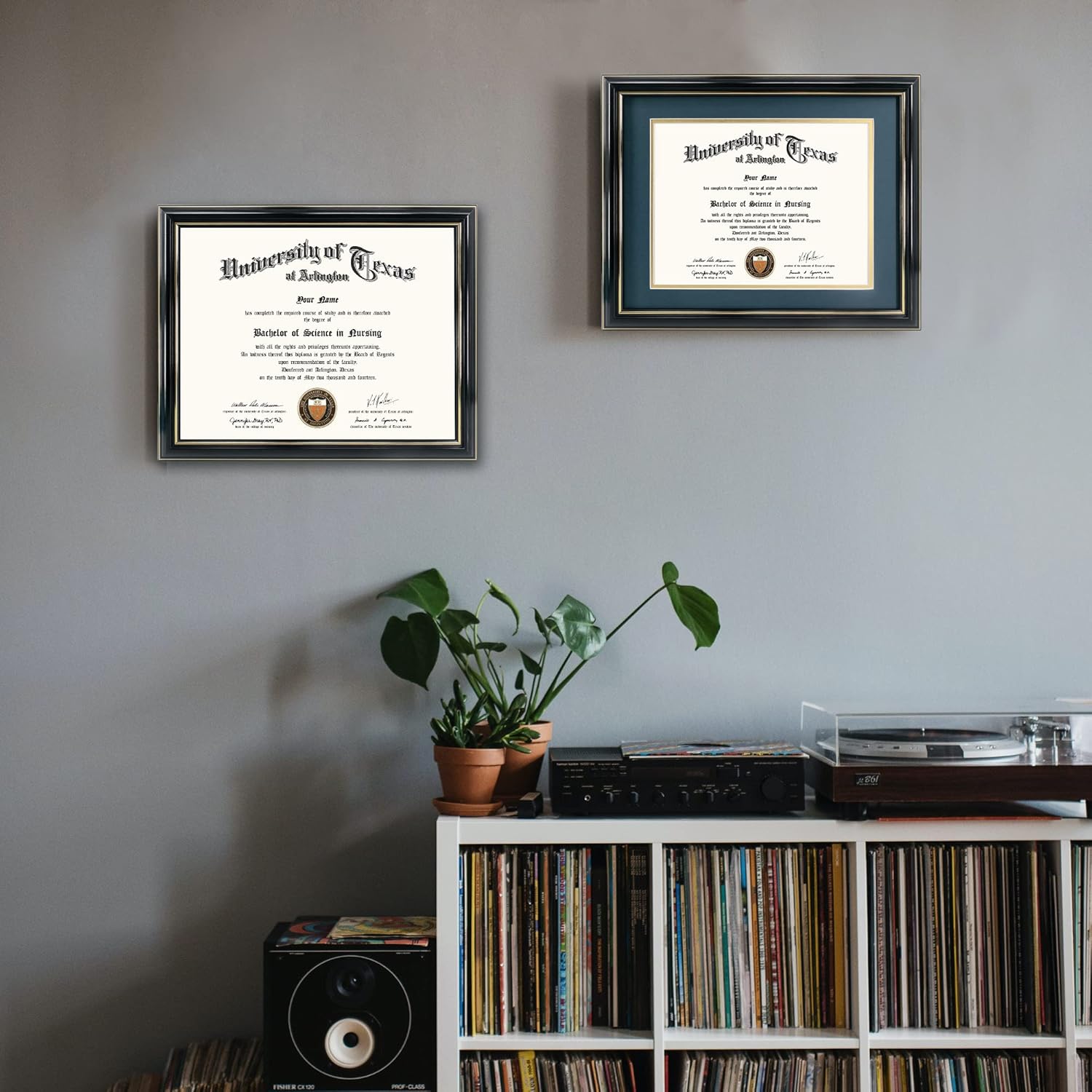 GraduationMall 8.5x11 Diploma Frame with Navy over Gold Mat or Display 11x14 Certificate without Mat,Solid Wood & Tempered Glass,Glossy Black Finish with Gold Trim