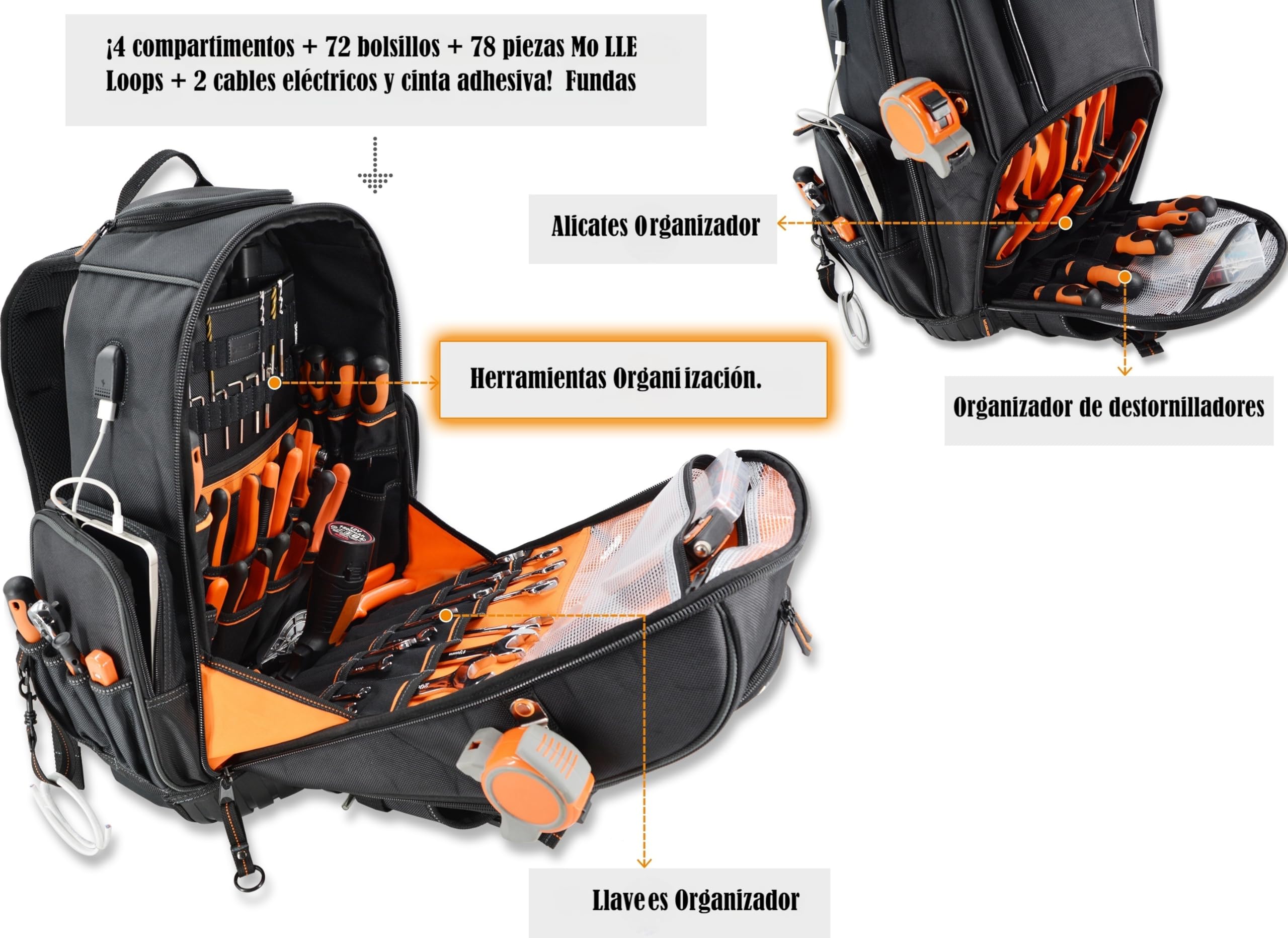 Mochila de Herramientas Con Ruedas de 72 Bolsillos, Bolsa Grande de Electricista Para Hombre
