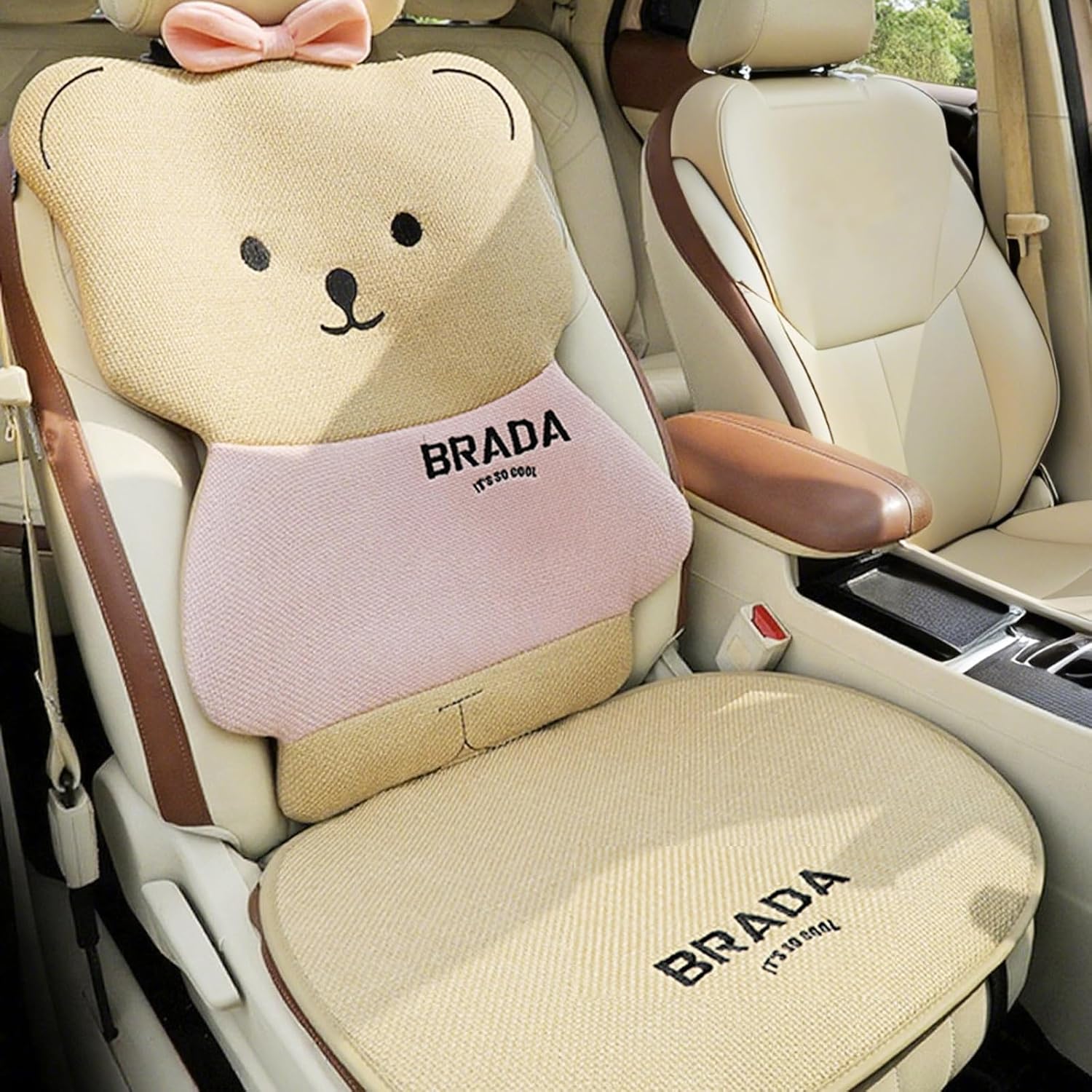 Pink Car Seat Covers Front Seats - Cute Car Seat Covers for Women and Girl, 1 Cozy Driver Seat Cover + 1 Backrest, Bear Couple Pattern, Linen Front Pink