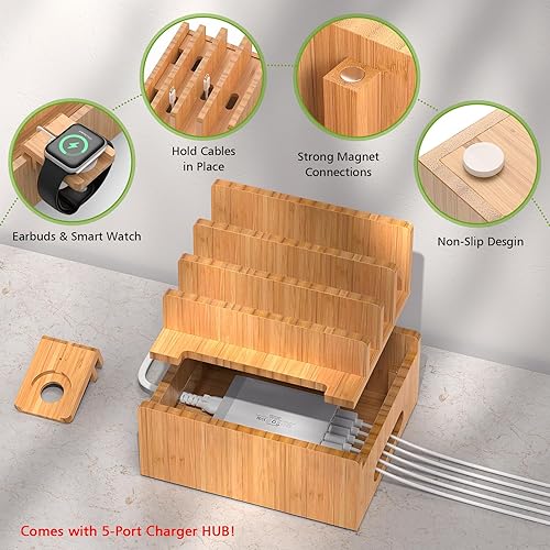 Miniatura 3 de Pezin & Hulin Estaciones de carga de bambú, organizador de teléfono celular para múltiples dispositivos, tabletas, reloj inteligente, incluye