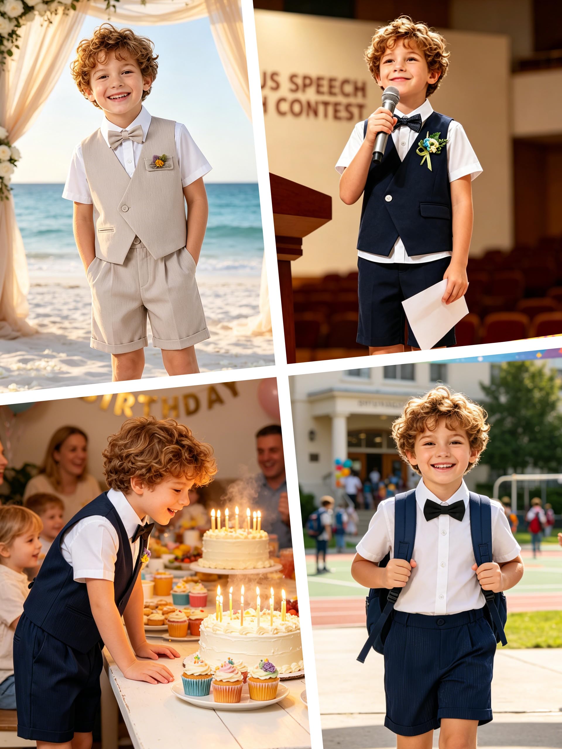 LOLANTA Completo Estivo 6 Pezzi Bambino, Gilet Asimmetrico, Camicia, Pantaloncini, Papillon, Bretelle, Fiore, 4-11 Anni