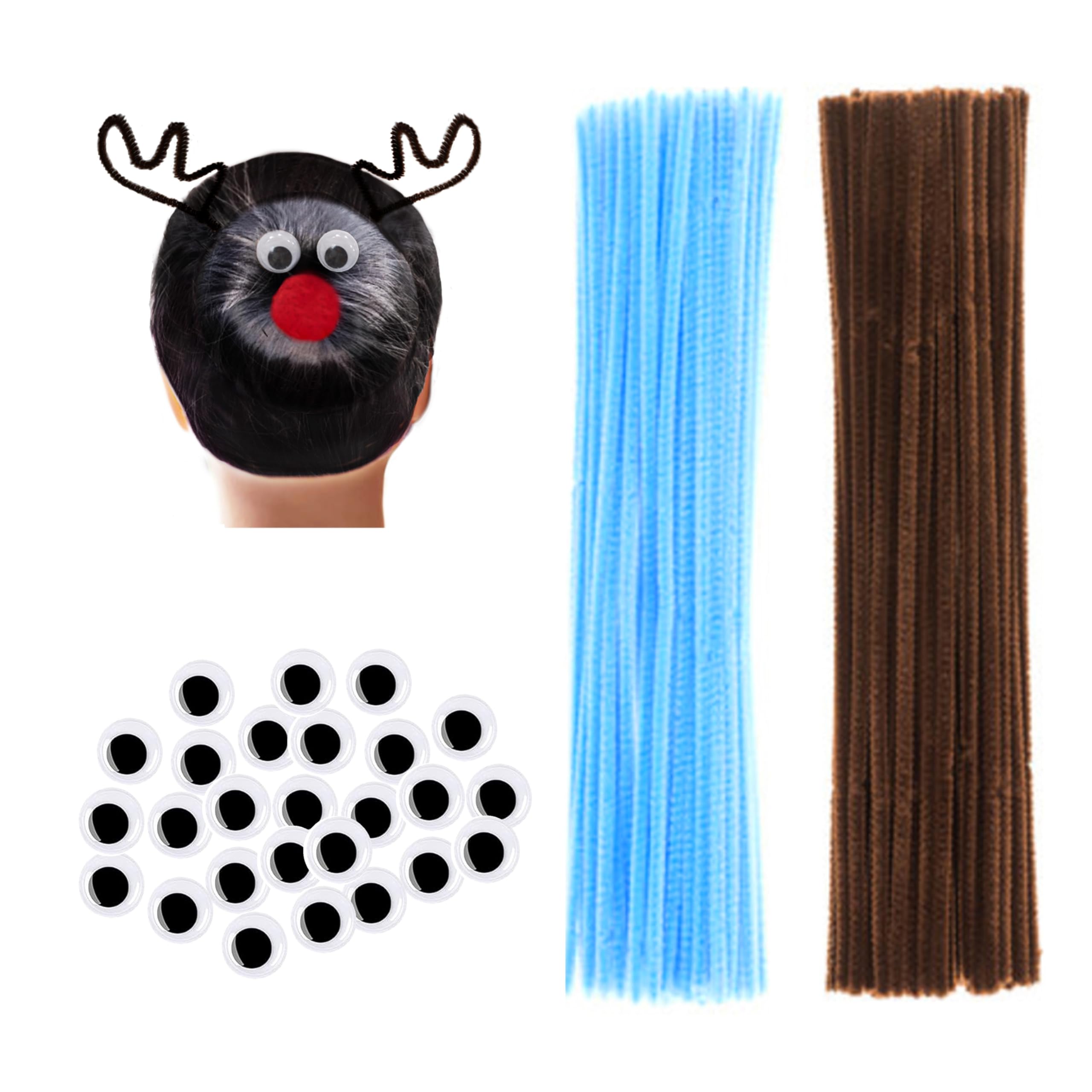 VHALE 300 Pieces Pipe Cleaners Crafts Chenille Stems Reindeer Blue and Brown Color, and 100 Pieces Wiggle Eyes, DIY Kids Art Craft Decorations Creative Classroom Pack