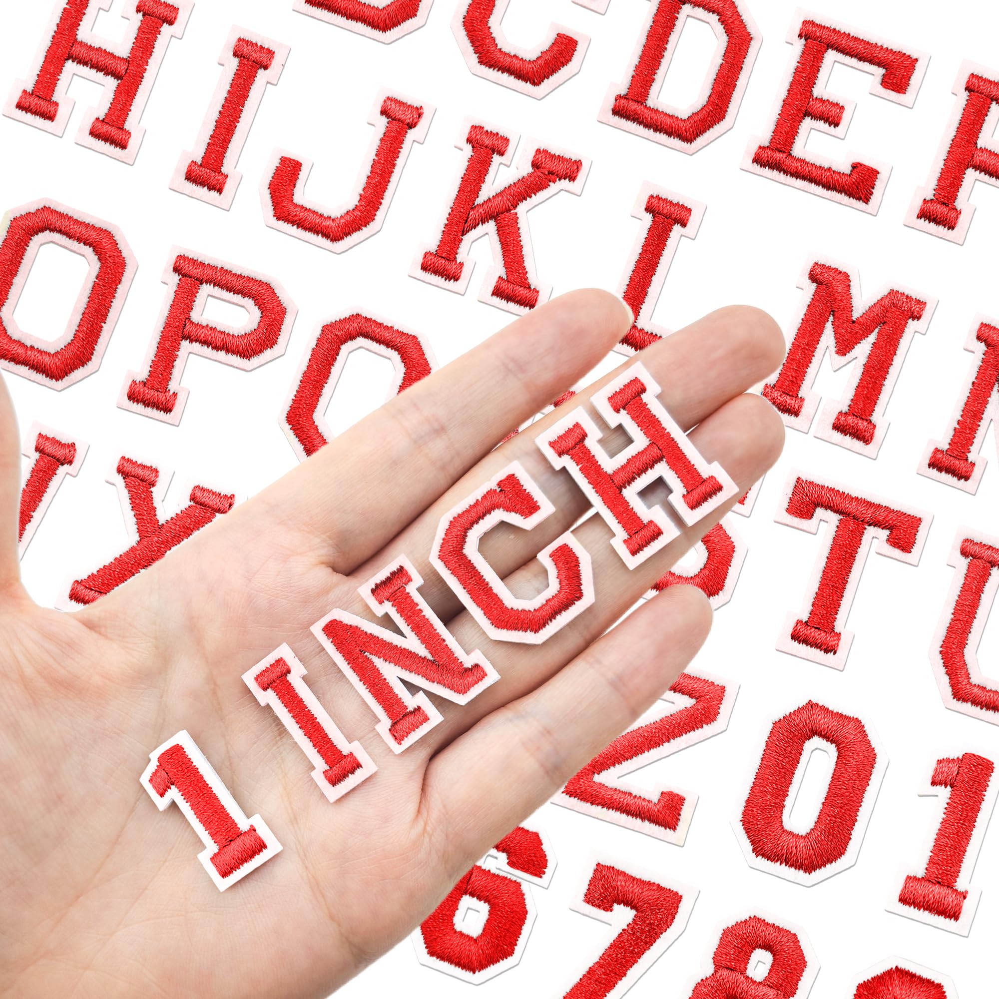 Photo 1 of 108PCS Iron on Letters and Numbers 1 inch Small Embroidered Letter Patches, A-Z & 0-9 Alphabet Applique for Clothing, Hats, Shirts, Bags, DIY Craft Decor, Red
