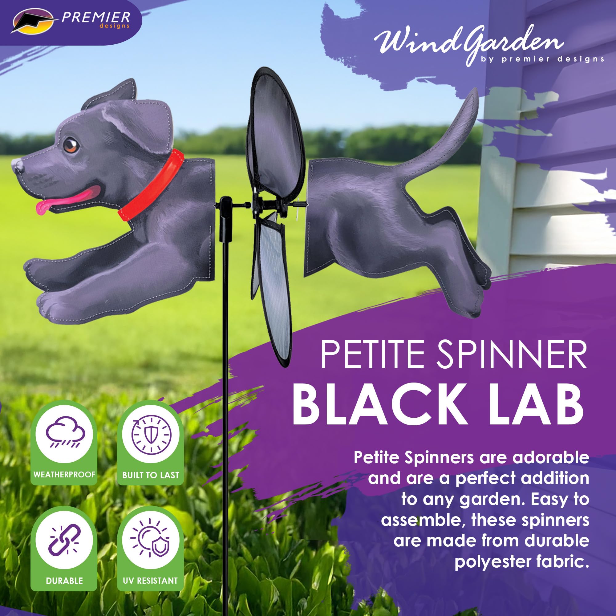 Premier Kites Petite Spinner Black Lab - Skurriles Windspiel für Hof & Garten, strapazierfähiges, wetterbeständiges Gewebe, einfach zu montieren, Outdoor-Dekor für Terrassen, Rasen und mehr