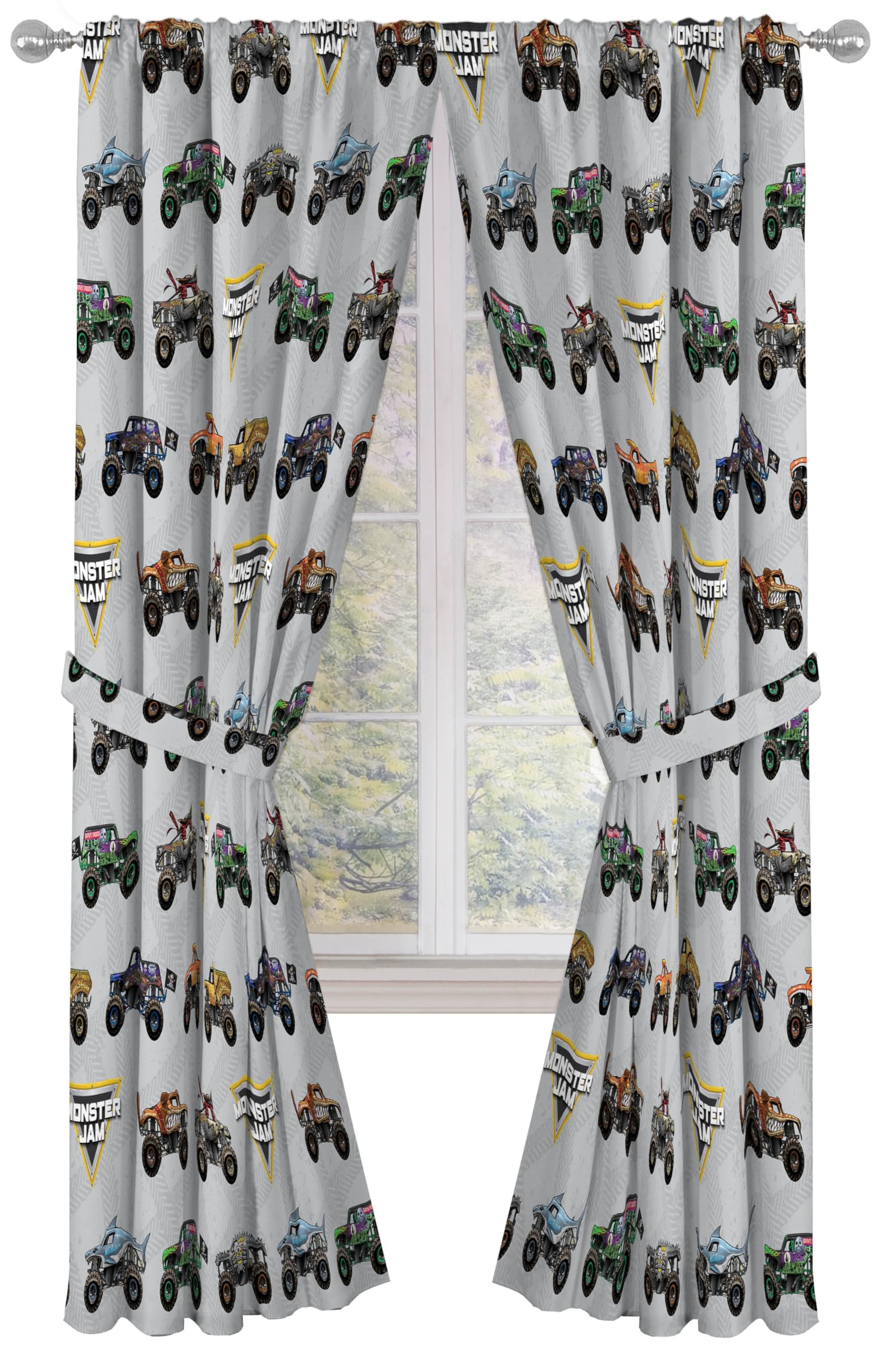 Jay Franco Black Out Window Curtains for Kids Bedroom 4-Piece Drape Set with 2 Tiebacks, Grey - Monster Jam, 42" W x 84" L (Pack of 2)