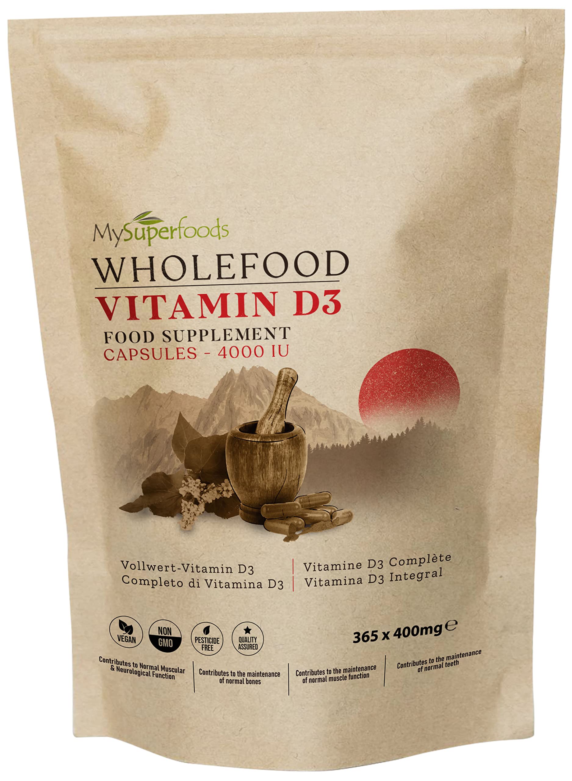 Natural Vitamin D3 | 4000 IU | Vegan | Premium Wholefood/Foodstate Source of Vitamin D | 365 Capsules - 1 Year Supply | MySuperfoods