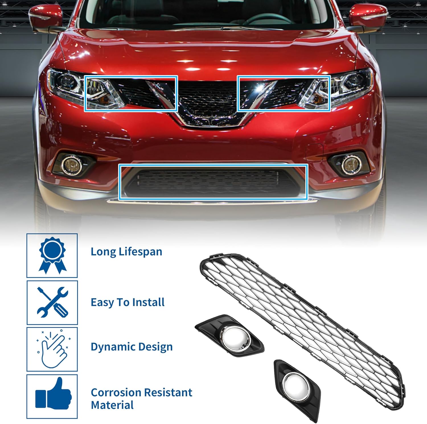 X AUTOHAUX No.622564BA0A/622574BA0A/622544BA0A Front Lower Fog Lamp Bezel Cover Trim Hood Bumper Grille Grill for Nissan Rogue 2.5L CVT 2WD S 2ROW 2014 2015 2016 2017 1 Set