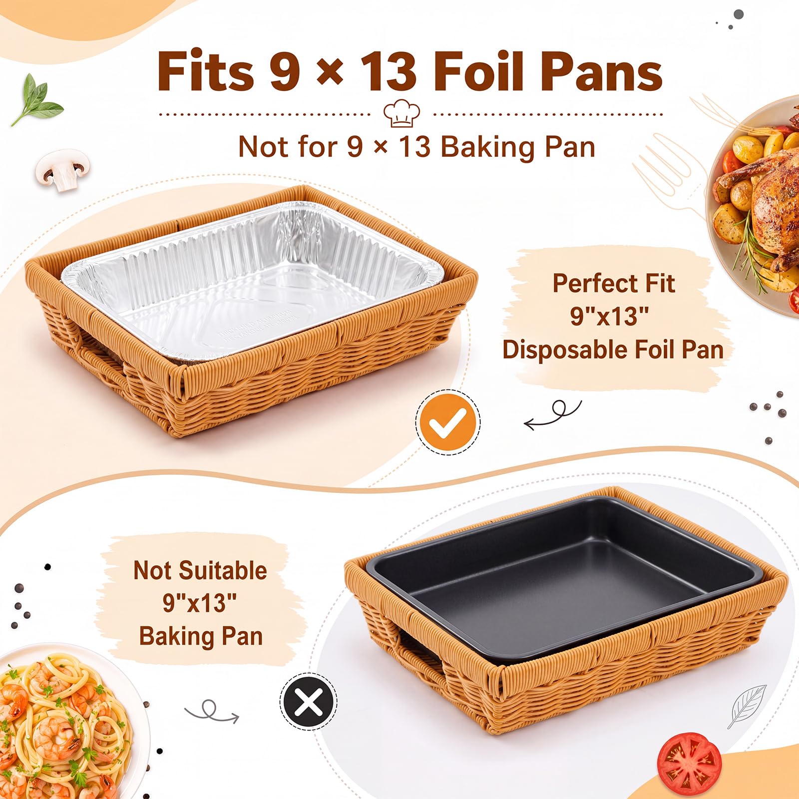 Marsui 4 soportes de papel de aluminio para bandejas desechables de 9 x 13 pulgadas, cesta de ratán, cesta de servir tejida de mimbre para contenedores de alimentos, suministros de fiesta y catering