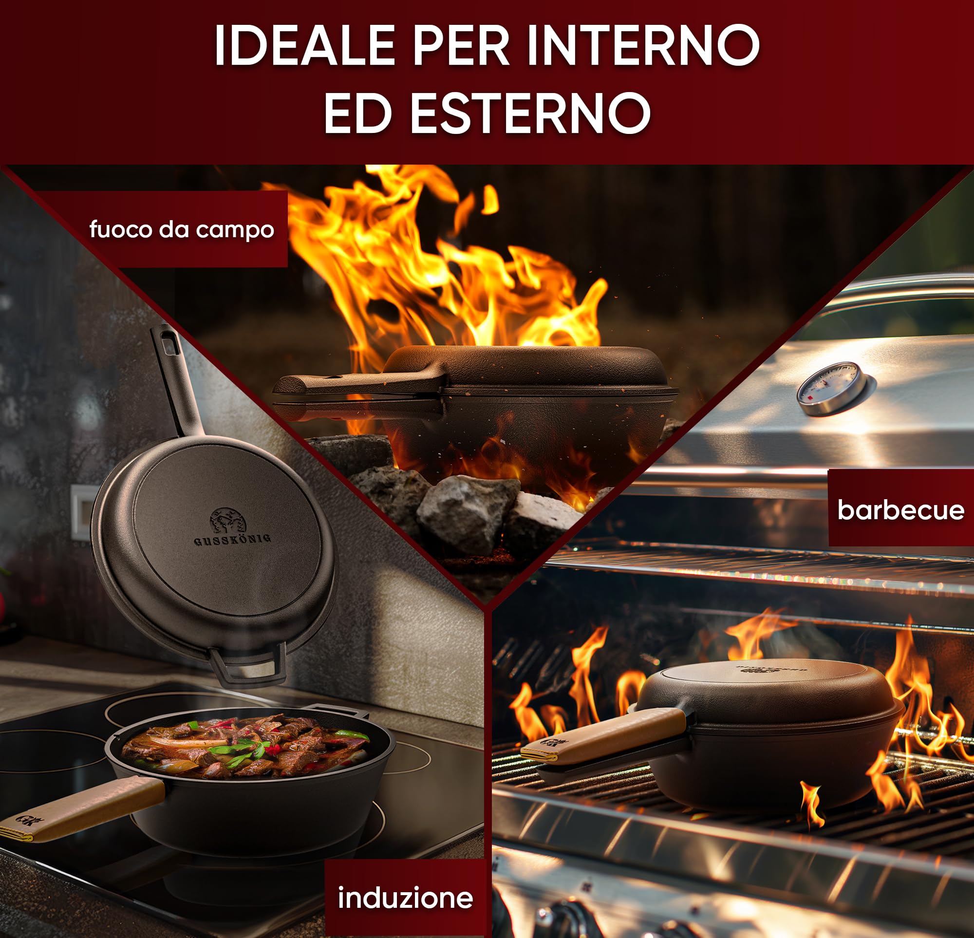 GUSSKÖNIG Dutch Oven - 2 in 1 Pentola in ghisa pre-stagionata 3L & Padella in ghisa 1,5L - Set Dutch Oven con funzione doppia Casseruola in Ghisa - Inclusi libro di ricette e accessori per BBQ