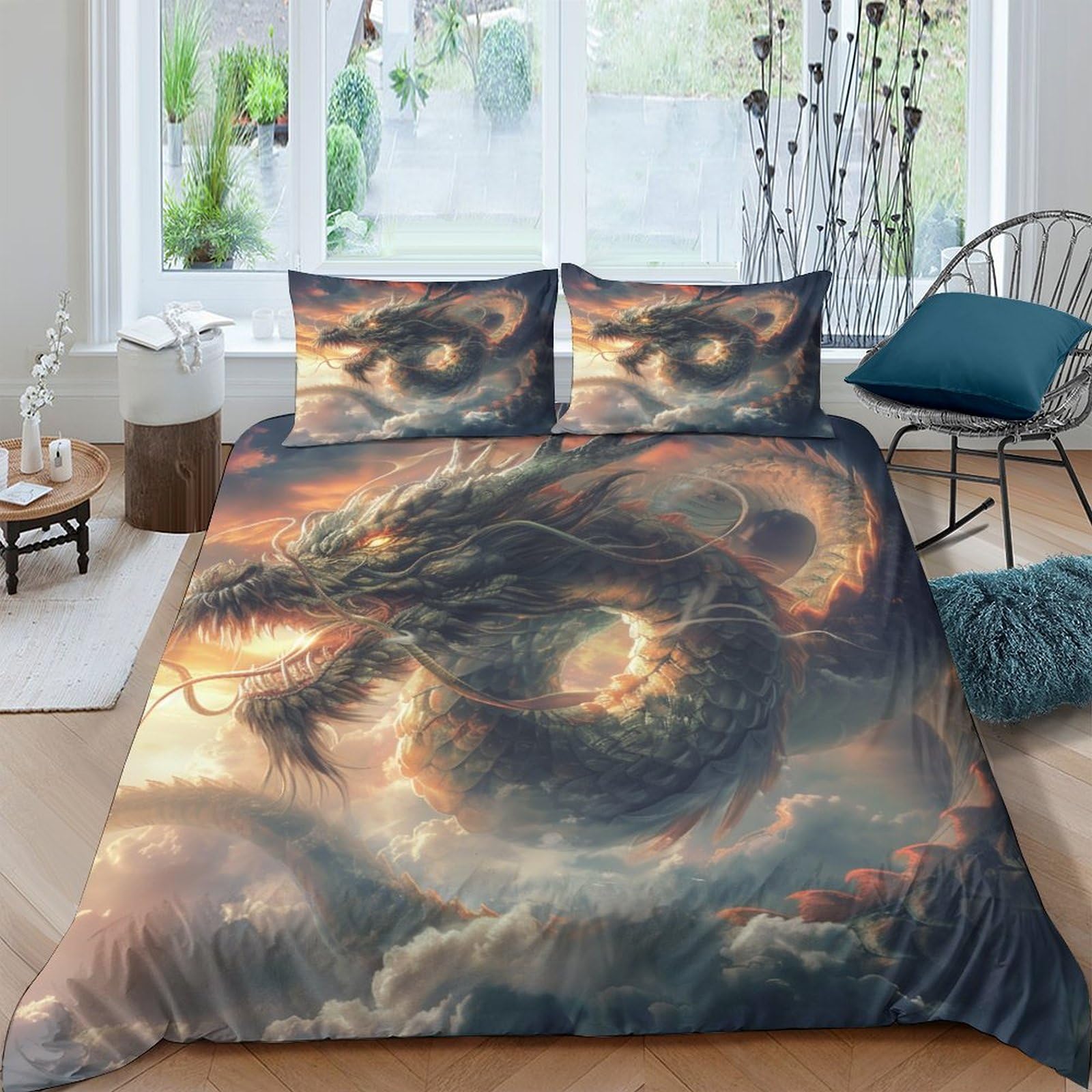 Stampato in 3D Loong cinese Copertina Stampata Microfibra Disegnata Biancheria Da Letto Ipoallergenico Set 3 Pezzi,Double（200x200cm）, Per Adolescenti E Adulti