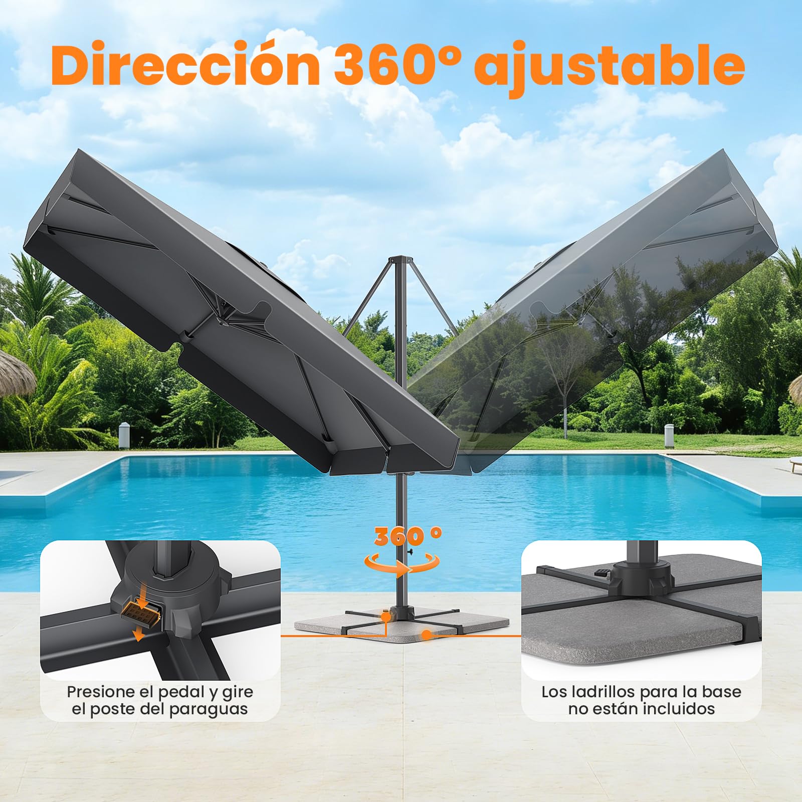 YEAUPE PRO Sombrilla Terraza Exterior 3x3m Giratorio 360°, Parasol Jardín con Altura Ajustable, Sombrilla Grande Cuadrado para Patio, Jardín y Piscina con Protección UV 50+, 300 x 250 cm