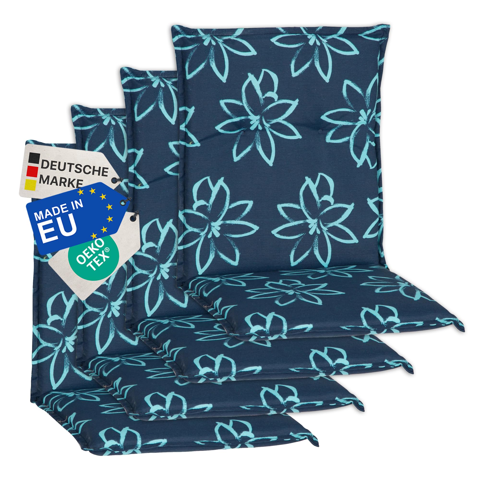 NYVI Gartenstuhl Auflagen Niedriglehner 4er Set Barcelona - UV-Beständig, Atmungsaktiv, Strapazierfähig - Niedriglehnerauflagen Sitzkissen Outdoor - Sitzauflagen 100x50cm Blume Hellblau