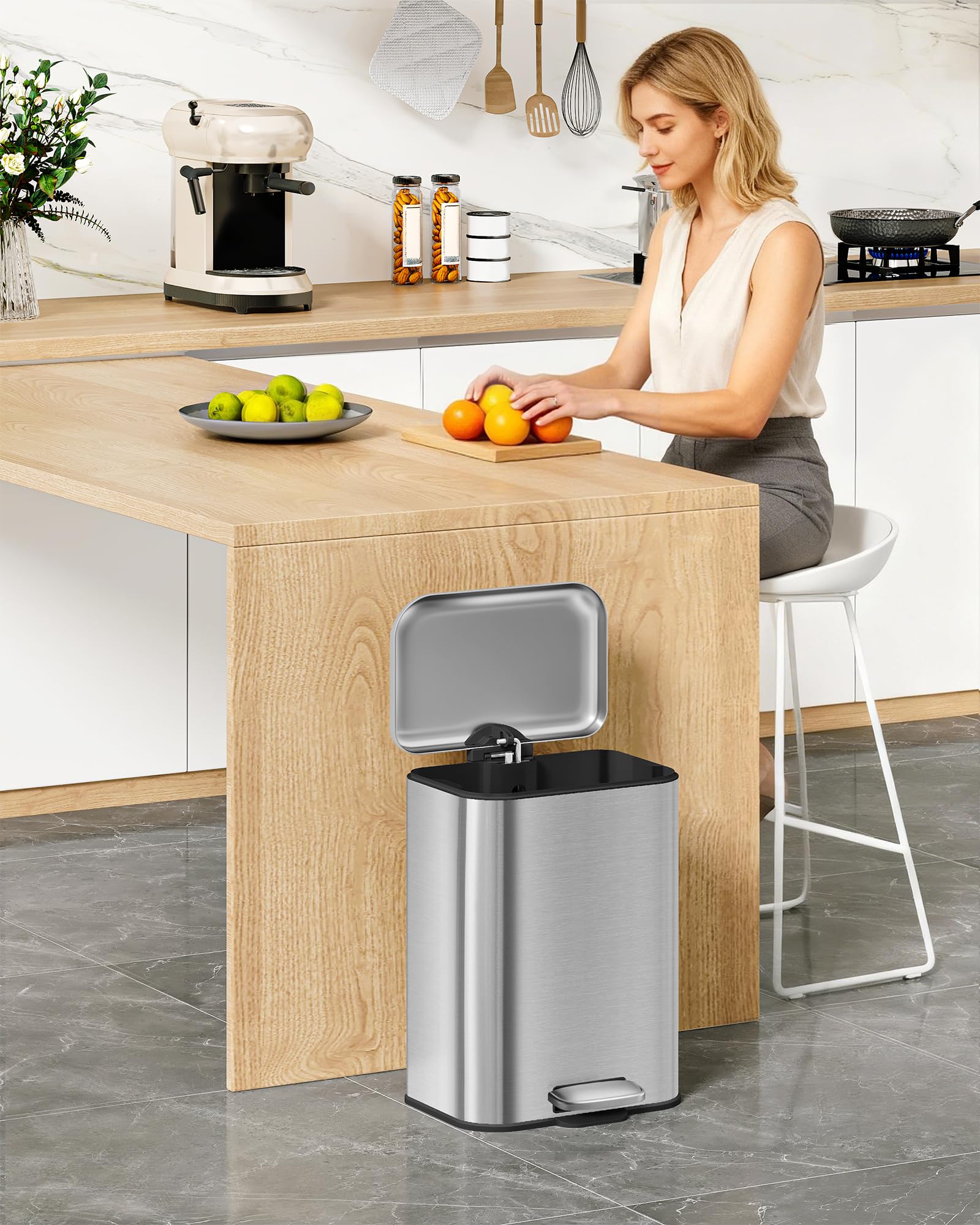 Hzuaneri Cubo Basura 20L, Basura Cocina con Pedal, Acero Inoxidable, Barril Interior Separado, 15 Bolsas, Plata SW12099B