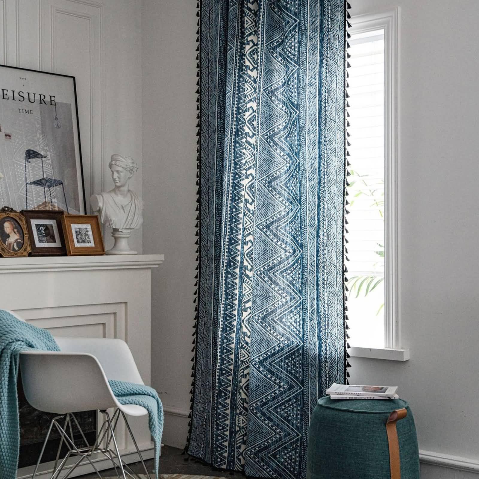 Rideau Voilage Bleu, Rideaux Semi occultants décoratifs de Style bohémien à Motifs géométriques pour la Chambre à Coucher en Coton, Bleu-Crochet, 150 x 200 cm (HxL)